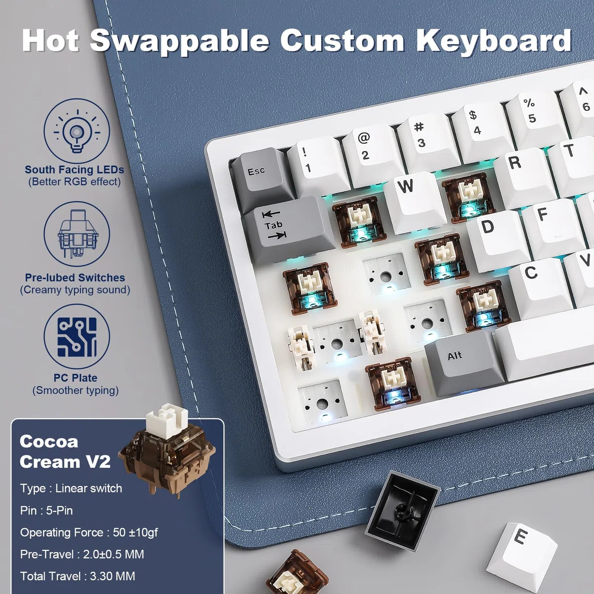 YUNZII AL68 Tastiera Meccanica Wireless 60% in Alluminio QMK/VIA, Sostituibile a Caldo con Manopola, RGB da Gioco per Mac/Windows/Linux (Silver, Cocoa Cream V2)