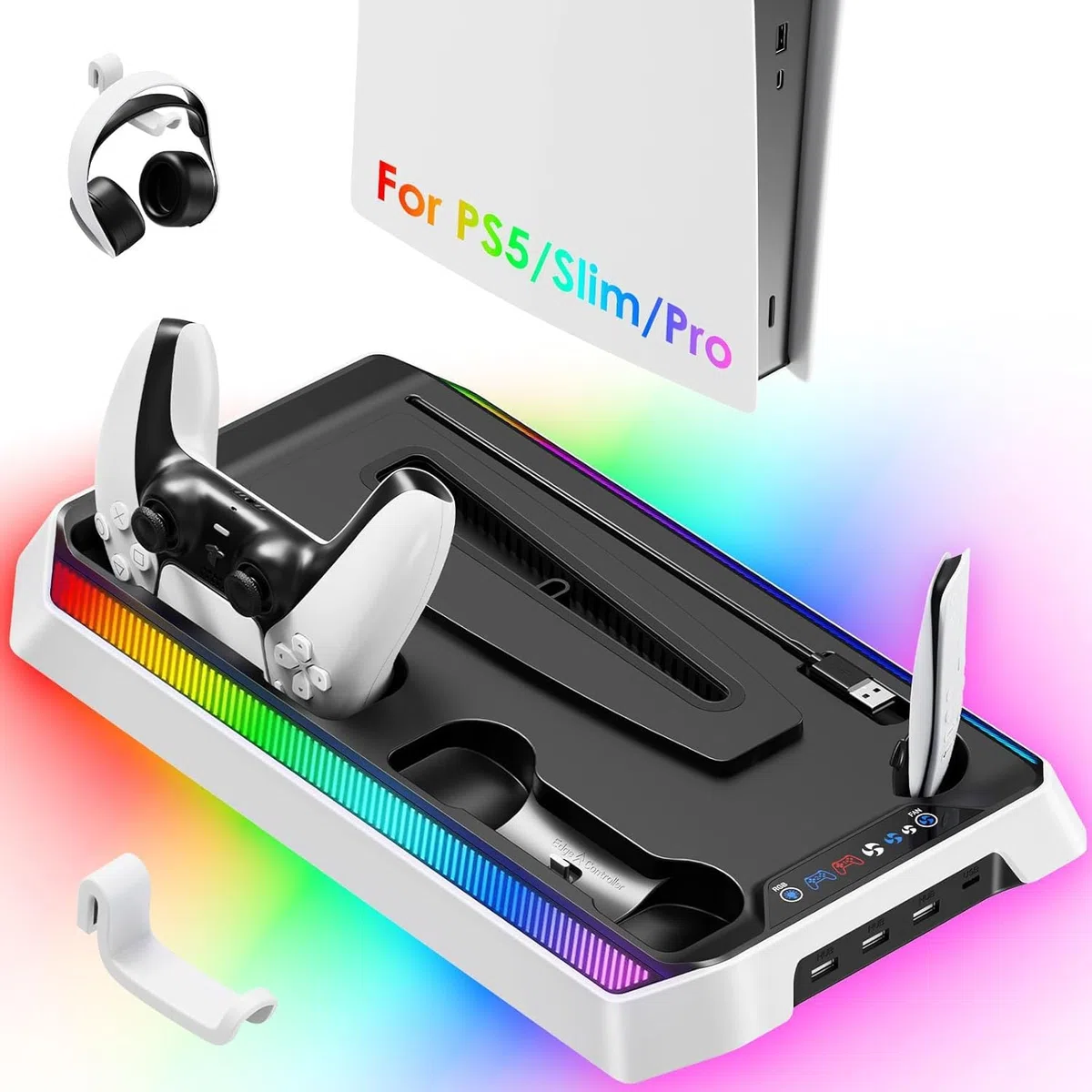Stazione di raffreddamento per PS5/Slim/Pro, stazione di ricarica RGB compatibile con PlayStation 5 Ventola di raffreddamento integrata a 3 livelli e caricabatterie doppio controller PS5, supporto con