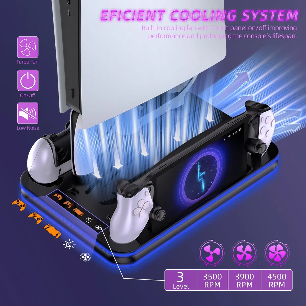 Supporto e stazione di raffreddamento per PS5/PS5 Slim/PS5 Pro con controller LED RGB Accessori per dock di ricarica, caricabatterie per controller PlayStation 5 e cuffie per console PS Portal e