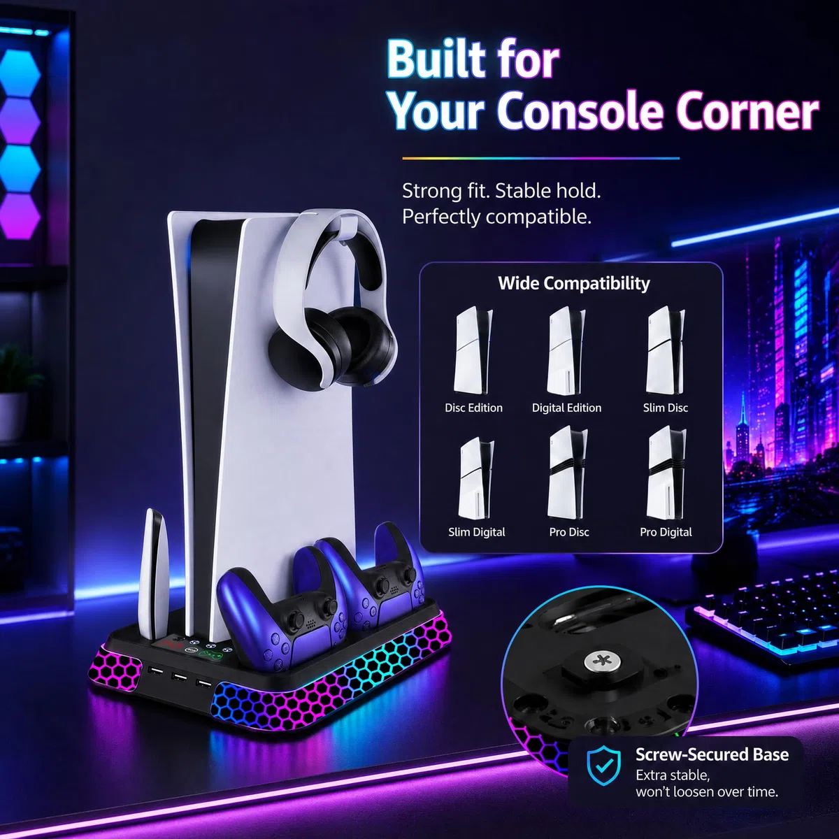 Supporto per PS5 con estetica esagonale RGB, stazione di raffreddamento PS5 per PlayStation 5 Slim Pro Disc console digitale con ventola di raffreddamento, doppio controller caricabatterie rapido hub