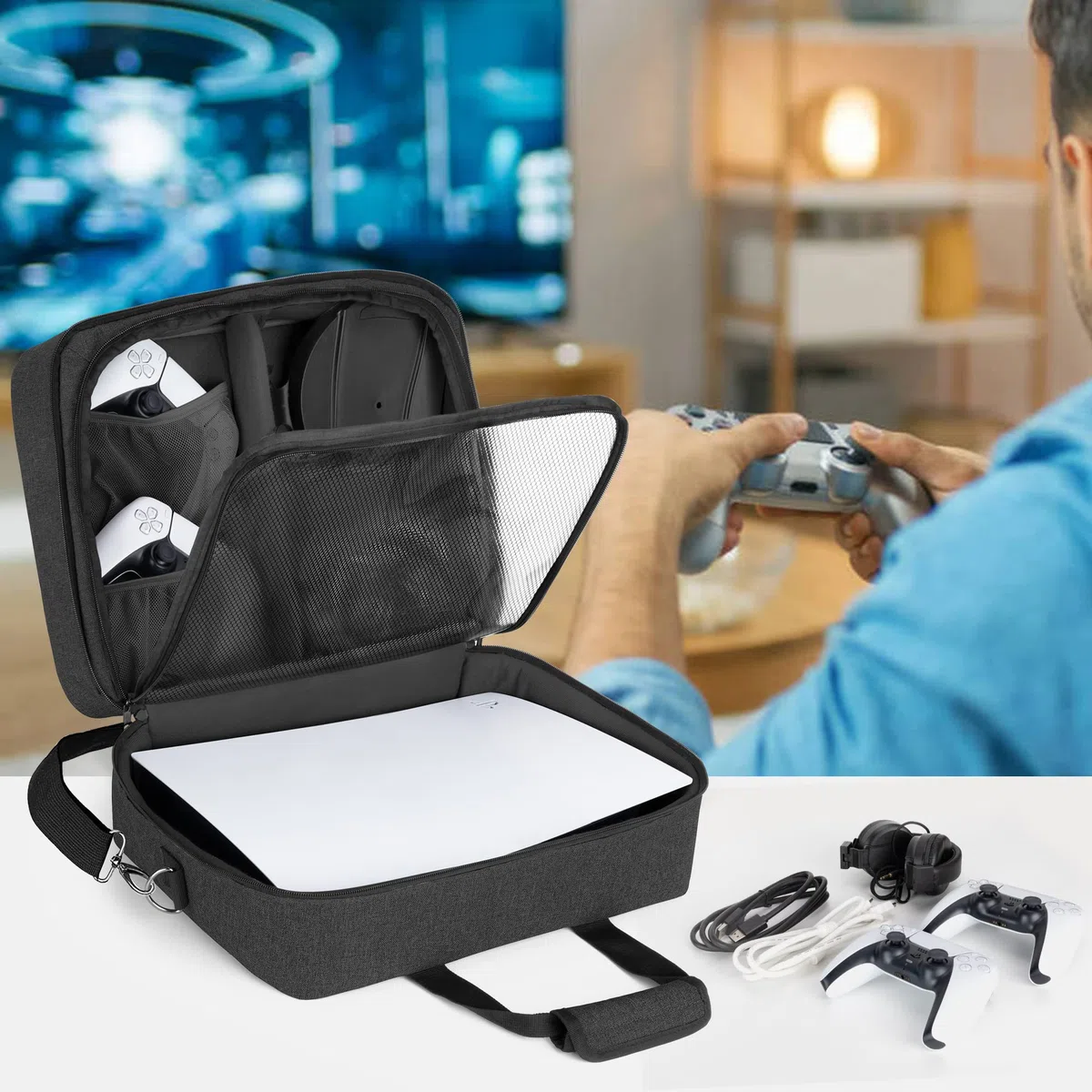 Trunab Borsa Compatibile con PS5/PS5 Slim/PS4/PS4 Pro/PS4 Slim/Xbox One/Xbox One X/Xbox One S/Xbox Series S, Nero, Borsa Porta con Tasche Divisori per Controller e Accessori di Gioco