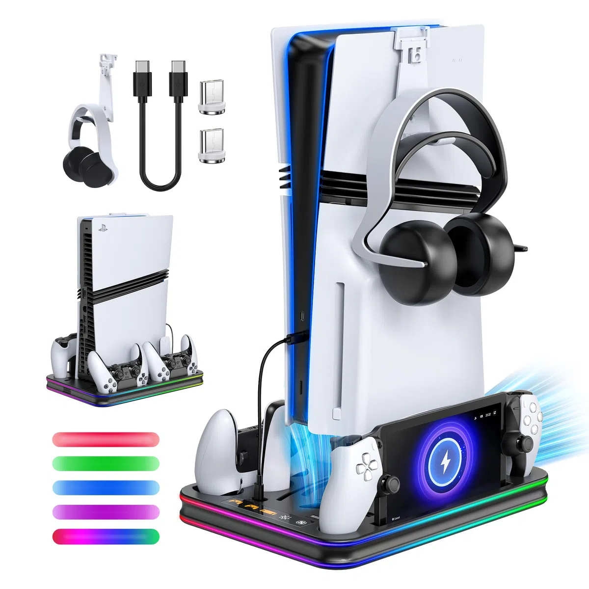 FYOUNG Supporto di raffreddamento e stazione di ricarica tutto in uno per console PS5/Slim/Pro e controller Charing Dock, supporto di ricarica per PlayStation, cuffie e supporto remoto con supporto