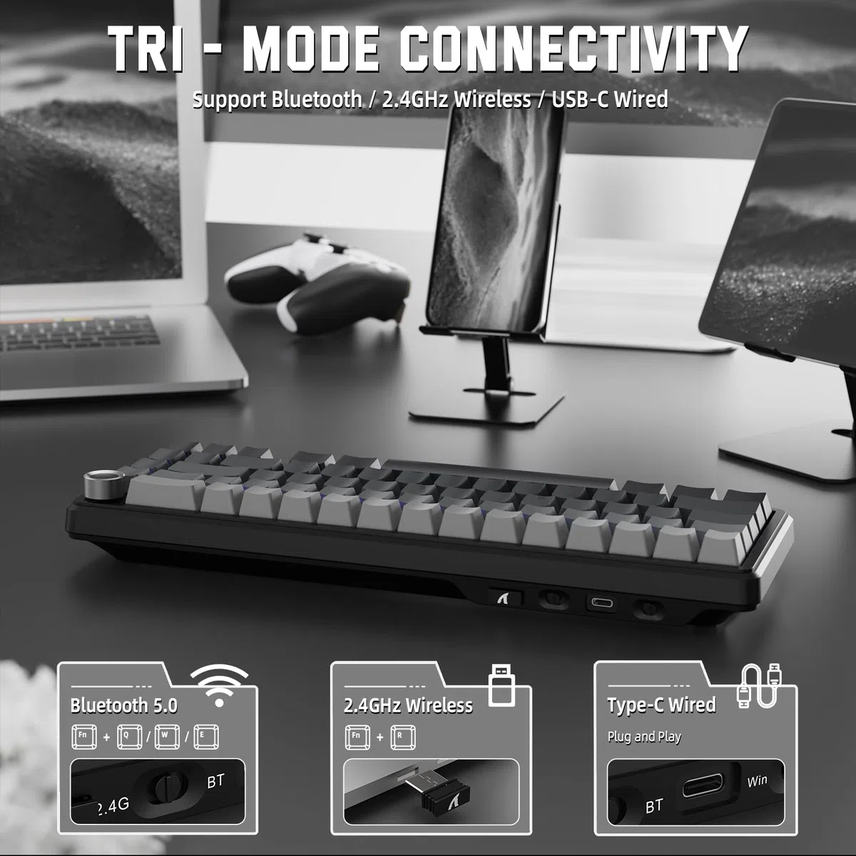 MAMBASNAKE X ATTACK SHARK X66 65% Tastiera Meccanica Wireless Con Manopola, Tastiera Hot Swap RGB Gaming Keyboard 60 Percento, BT/2.4G/USB-C,Linear Switch,Tasti PBT Stampati Lateralmente-Moonlit Night