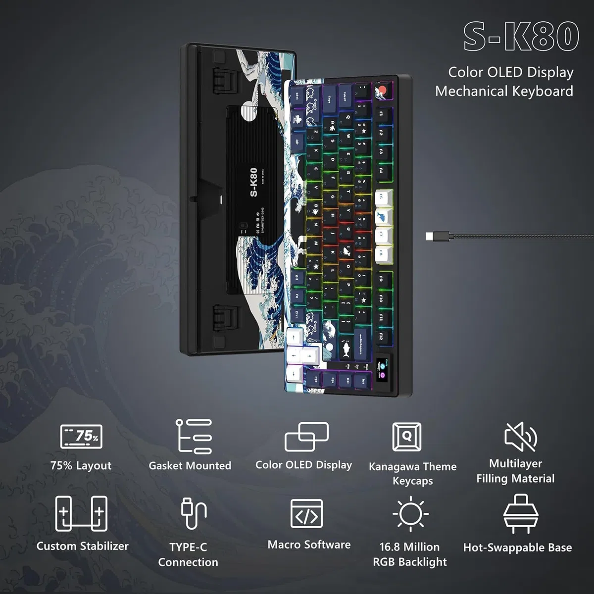 SK80 Tastiera Meccanica 75%, Tastiera da Gioco Retroilluminata USB C, Tema Kanagawa, Hot-Swap, RGB, Personalizzata per Mac/Win, Nero