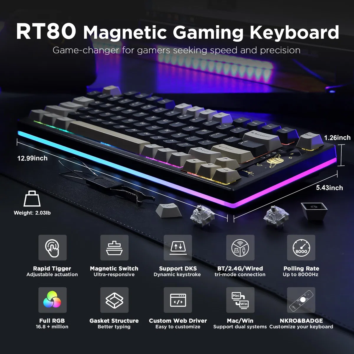YUNZII RT80 Tastiera Gaming Wireless con Interruttore Magnetico Effetto Hall a innesco,82 tasti Bluetooth/2.4GHz/Wired RGB Tastiera,Guarnizione di Montaggio Tastiera meccanica (nero, gateron white)
