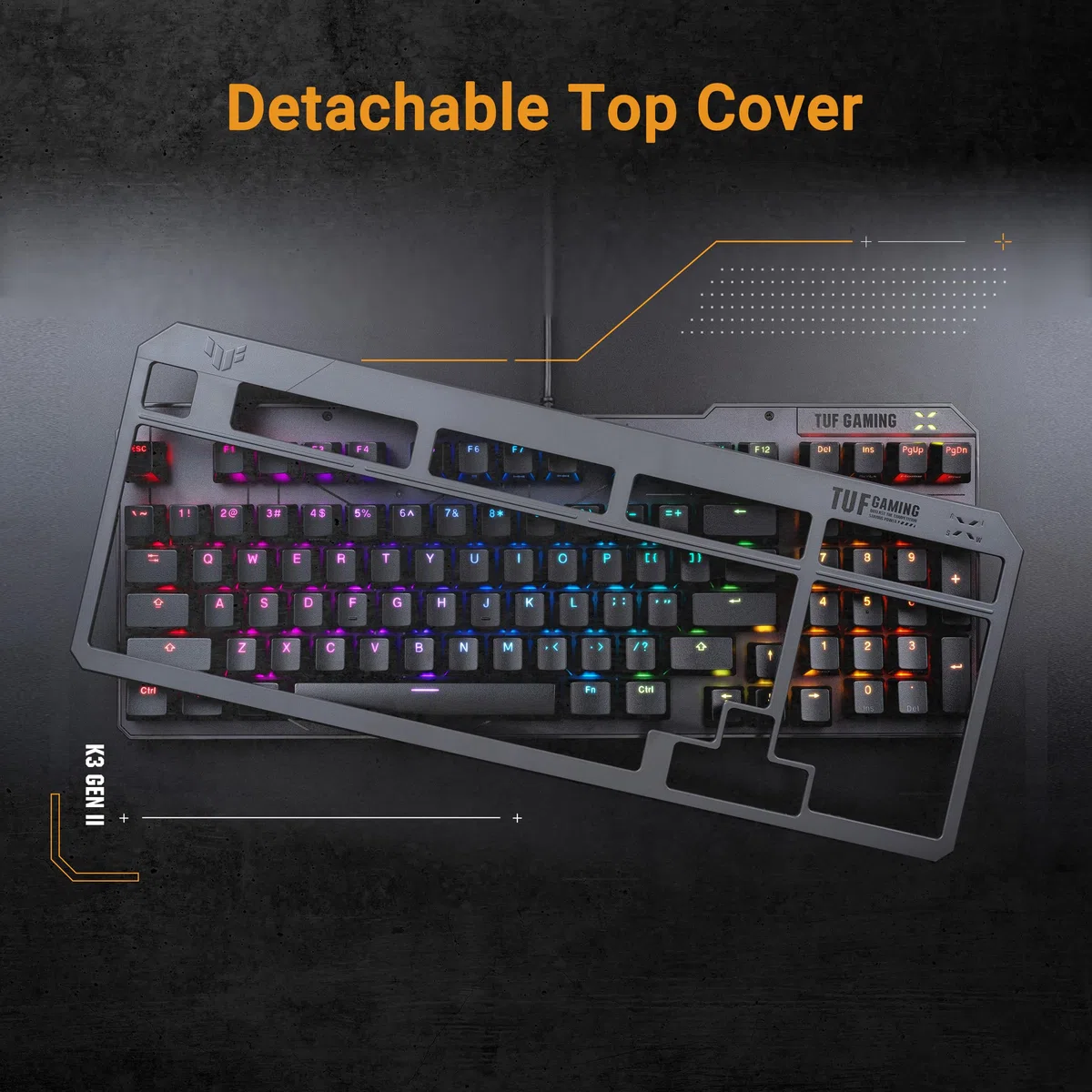 ASUS TUF Gaming K3 Gen II - Tastiera da gaming compatta a 97 tasti, switch opto-meccanici RGB, guarnizione in silicone, schiuma ammortizzante, tenuta IP57, piastra superiore rimovibile e Aura Sync,