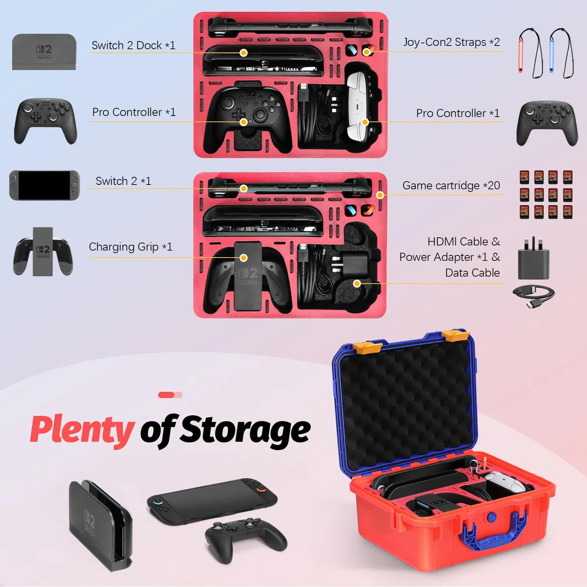FPVtosky Custodia rigida per Nintendo Switch 2, borsa da viaggio impermeabile per gli accessori di Switch 2, contiene 2 controller Pro, 22 schede di gioco e cavo HDMI (Colorato)