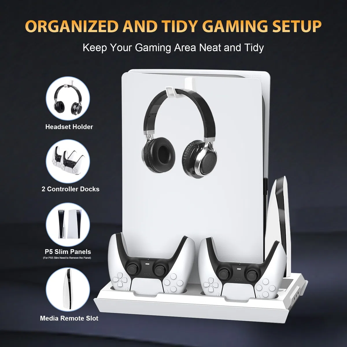 iPLYGAM Supporto sottile e stazione di raffreddamento turbo con stazione di ricarica per controller Playsation 5, kit accessori PS5 con ventola di raffreddamento a 3 livelli, supporto per cuffie per