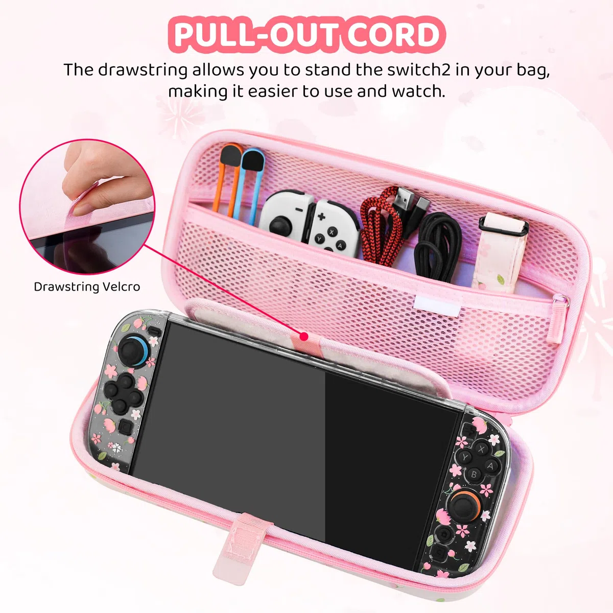 RHOTALL Custodia da trasporto rosa con fiori di ciliegio per Nintendo Switch 2, custodia protettiva da viaggio Sakura, custodia trasparente glitterata con fiore agganciabile per Switch 2, pellicola