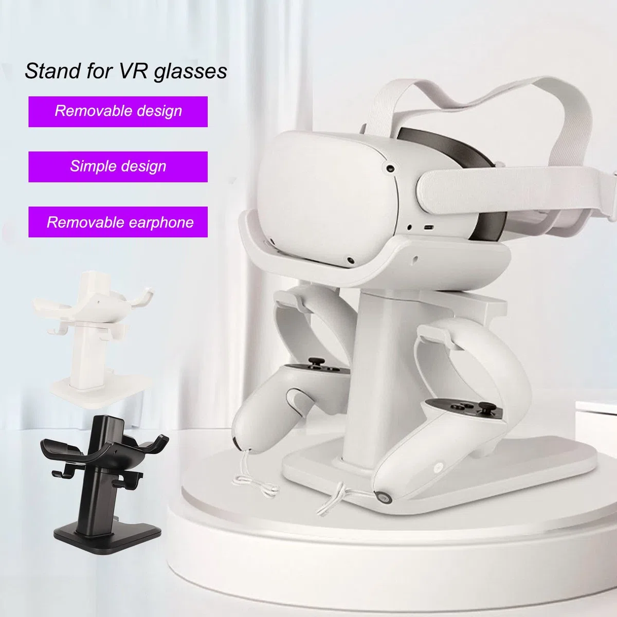 Supporto VR per Oculus 2, espositore per cuffie VR con spugna antiscivolo e base robusta, staffa salvaspazio per accessori VR e controller touch (bianco)