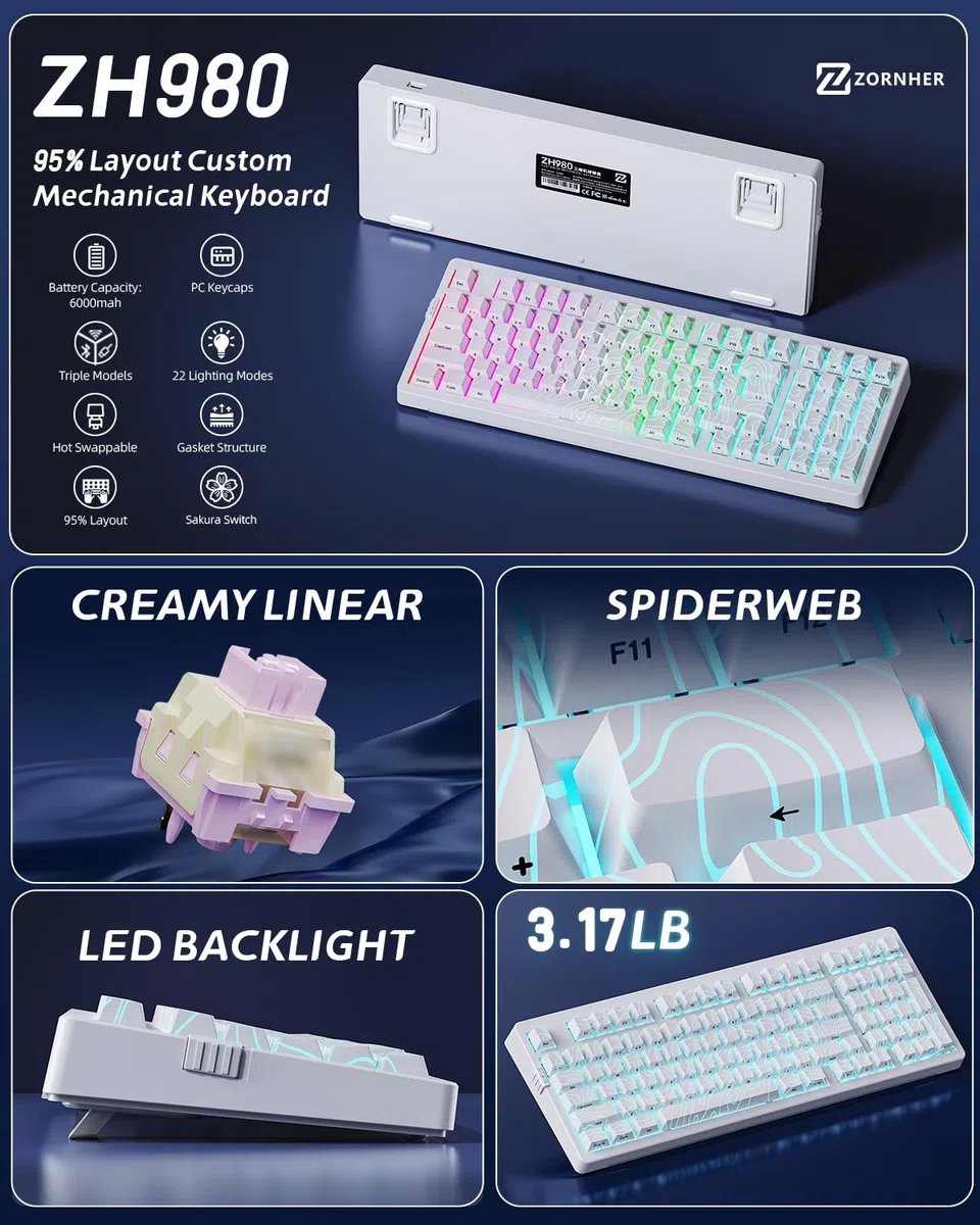 ZORNHER Tastiera meccanica ZH980 Wireless,Tastiera cremosa bianca al 95% con tastierino numerico,Tastiera da gioco personalizzata sostituibile a caldo,Tasti topografici bianchi,Interruttori lineari