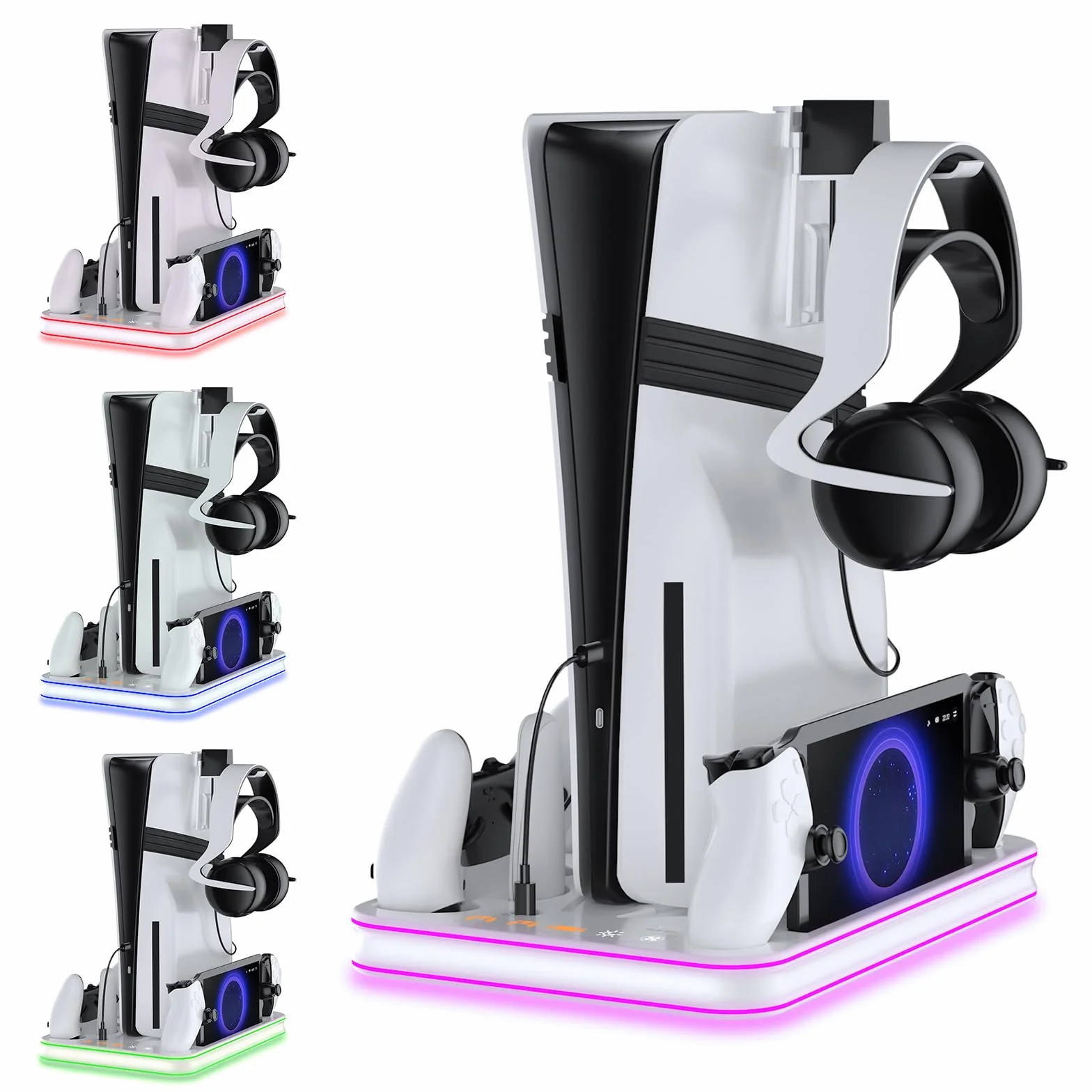 Supporto per PS5/Slim/Pro con Ventola di Raffreddamento Regolabile, Base di Ricarica Joystick per PS5 con RGB, Stazione di Raffreddamento Multifunzionale PS5 Slim con Caricabatterie