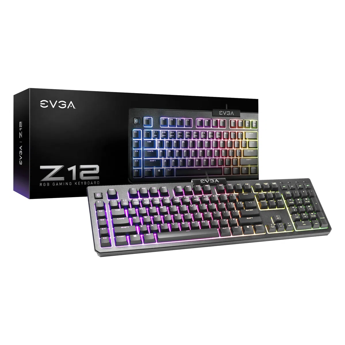 EVGA Tastiera da gioco Z12 RGB, LED retroilluminato RGB, 5 tasti macro programmabili, tasti multimediali dedicati, resistente all'acqua, layout USA 834-W0-12US-KR