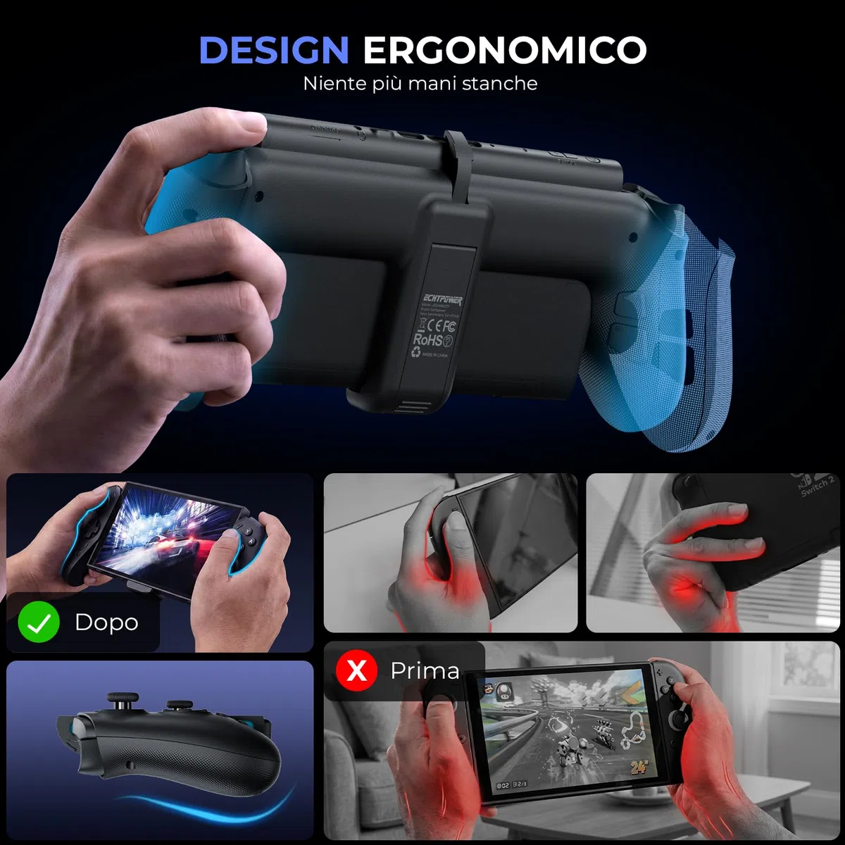 ECHTPower Controller per Switch 2, Gamepad Wireless con Pulsante C, Giroscopio a 9 Assi, Hall Joystick, Senza Deriva, Vibrazione, Turbo, Macro e Pulsanti Posteriori Programmabili, Ergonomico