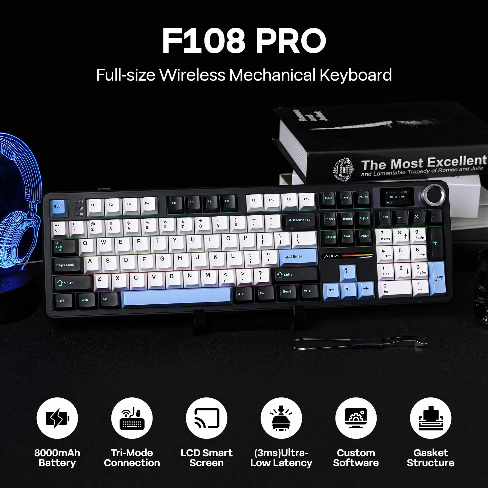 EPOMAKER X AULA F108 PRO Tastiera da Gioco Wireless con Schermo, Batteria da 8000mAh, 104 Tasti e Manopola Sostituibili a Caldo, RGB, per Mac/PC/Android, qwerty (NeroBiancoBlu, Reaper Switch)