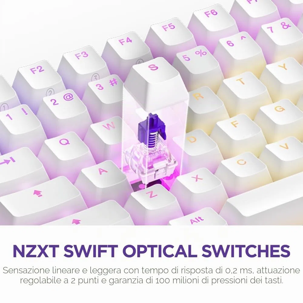 NZXT Function 2 MiniTKL 2024 - Tastiera da gioco ottica Tenkeyless - RGB illuminato - Frequenza di query 8K - Commutatori opt lineari - Scatto regolabile - Hot-Swap - Bianca DE (QWERTZ)