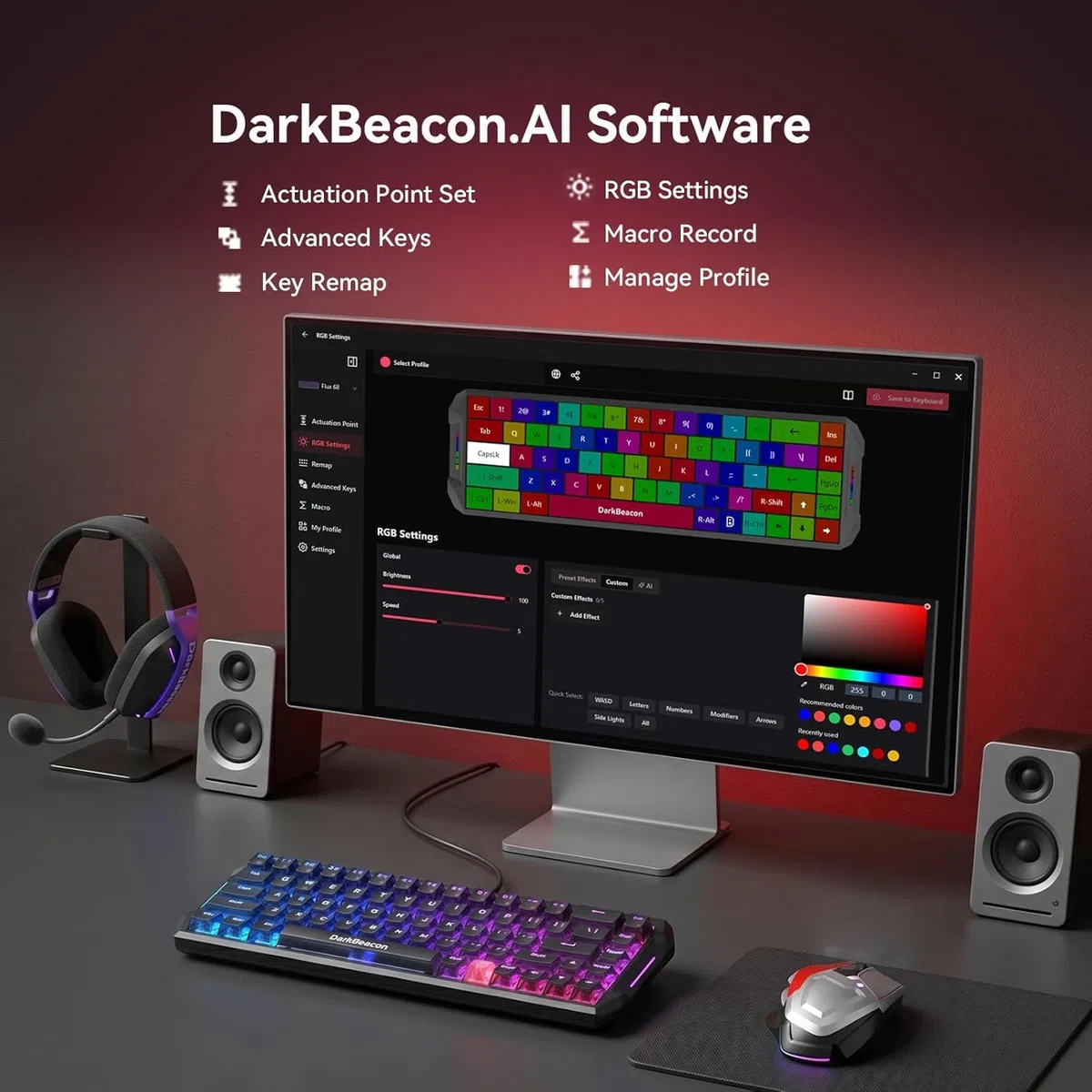DarkBeacon Flux68 HE Tastiera meccanica da gioco Rapid Trigger con azionamento regolabile 0,01-3,5 mm, 8000Hz, interruttore magnetico effetto Hall, software AI, tastiera cablata RGB 65% per PC