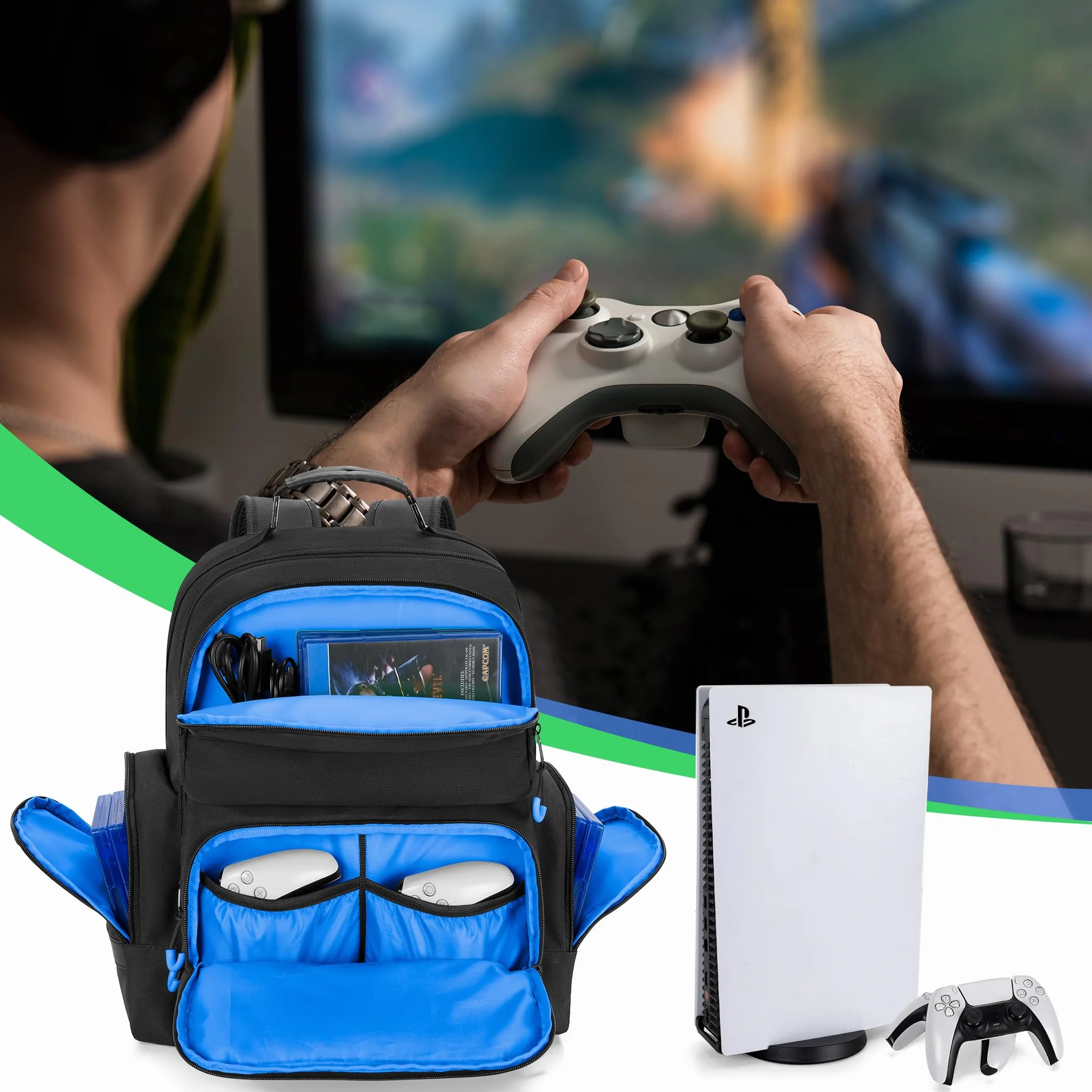 PGmoon Zaino per Console Compatibile con Playstation 5, Borsa da Viaggio con Fodera Protettiva, Adatta per Laptop da 15,6'', Cuffie, Controller e La Maggior Parte Degli Accessori da Gioco