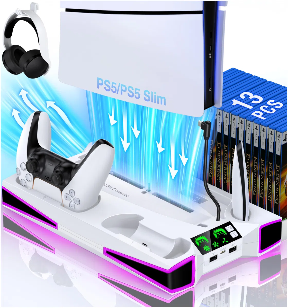 Kawaye Stazione di raffreddamento per PS5 per PS5/console sottile, per accessori PS5 Supporto verticale con caricatore doppio controller Incl.3 livelli ventola di raffreddamento, luce RGB, custodie
