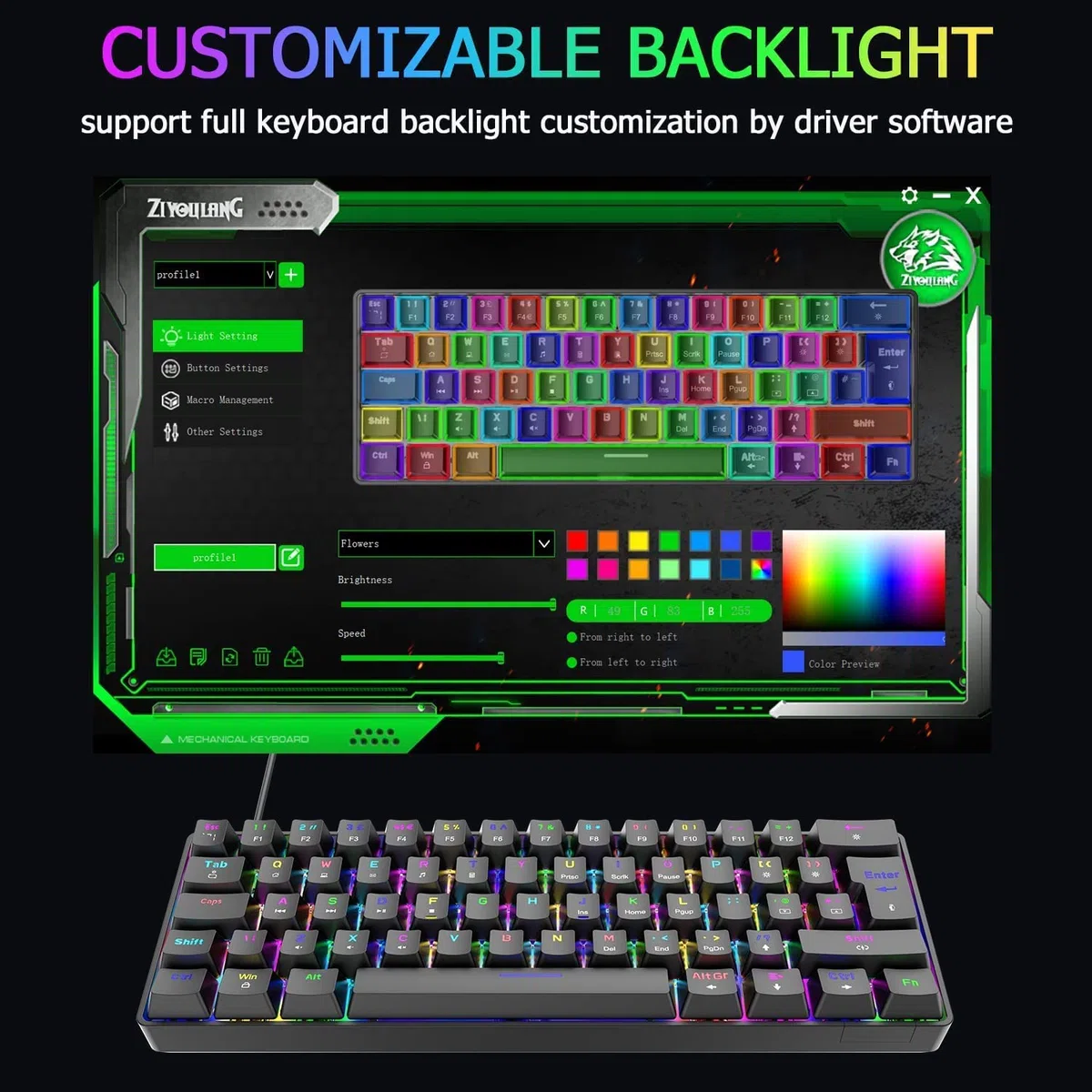 MAGIC-REFINER Tastiera Meccanica Switch Marrone 60% Compatto 62 Tasti USB C Wire RGB Retroilluminato Tastiere da gioco Ergonomica Rainbow LED Compatibile con PC, laptop, MAC - Blu/Interruttore Blu
