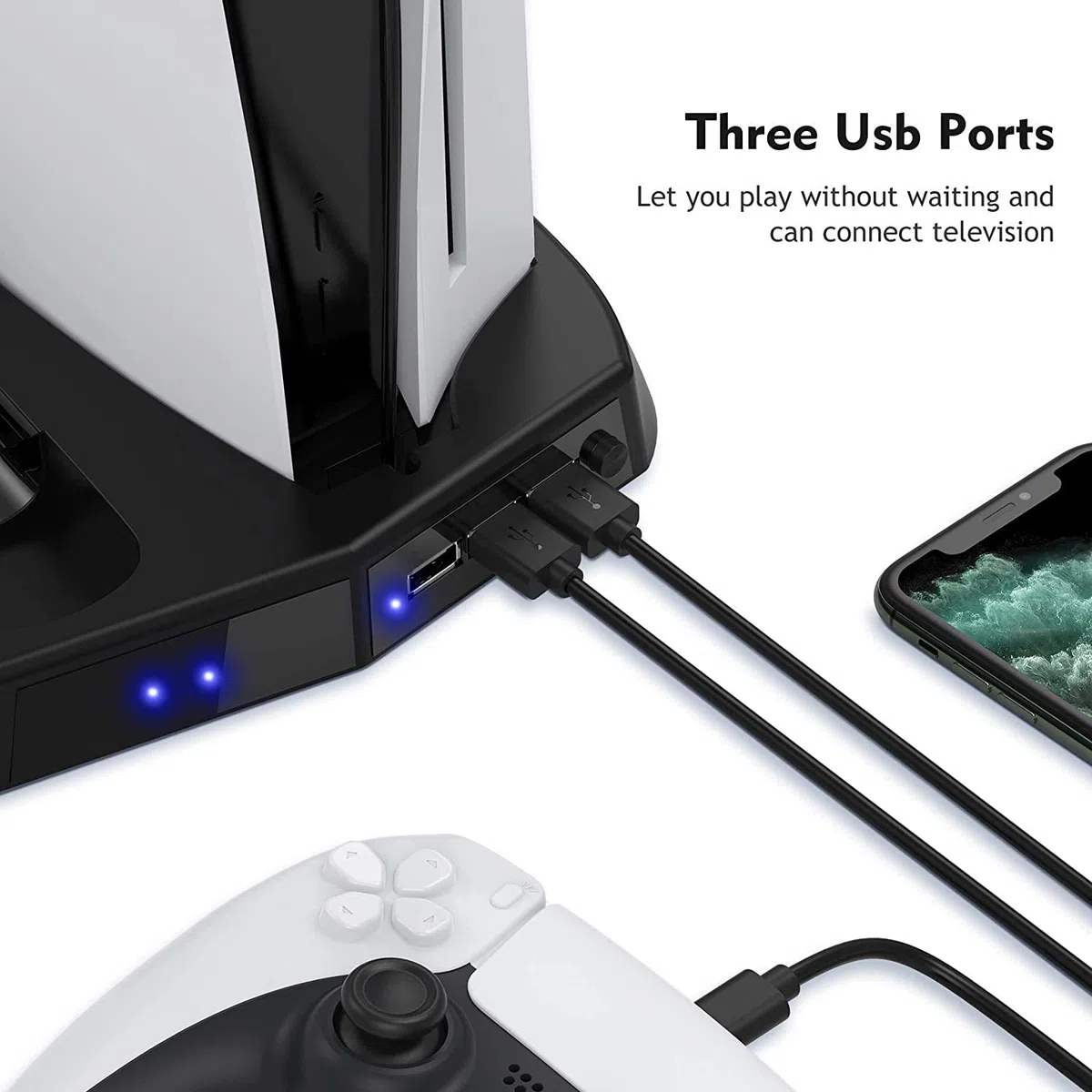 Supporto verticale con ventola di raffreddamento per console PS5 e Playstation 5 Edizione digitale, stazione di ricarica doppio controller con 3 porte USB per DualSense 5