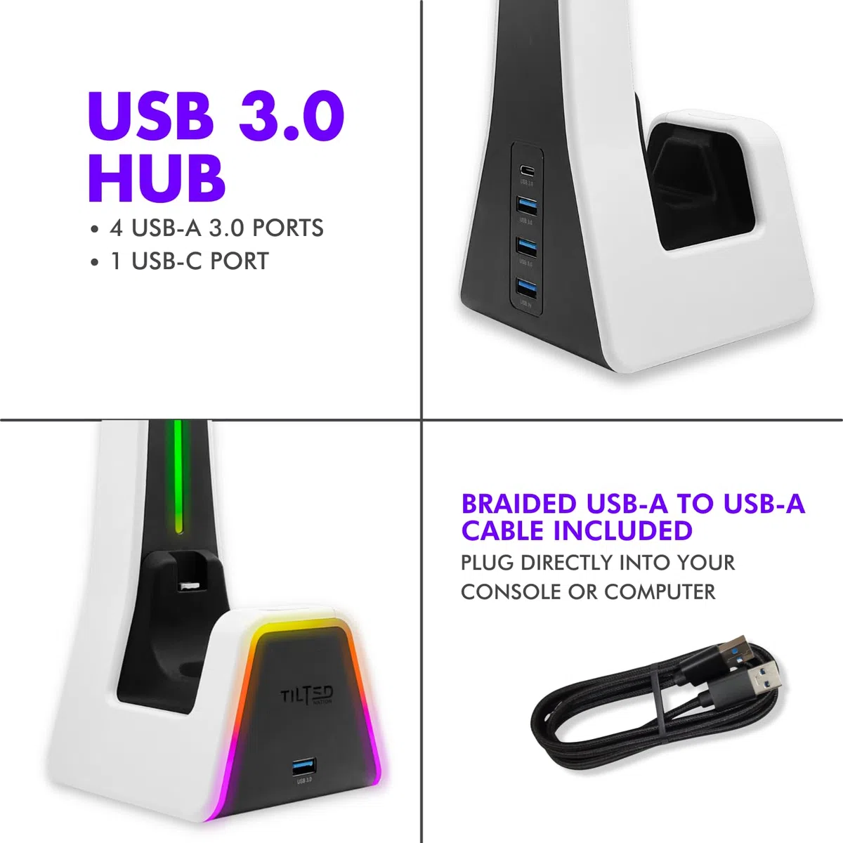 Tilted Nation Supporto RGB per cuffie e controller con stazione di ricarica, per PlayStation o PC, supporto per controller PS4/PS5 con caricabatterie, supporto per cuffie e controller di gioco, per