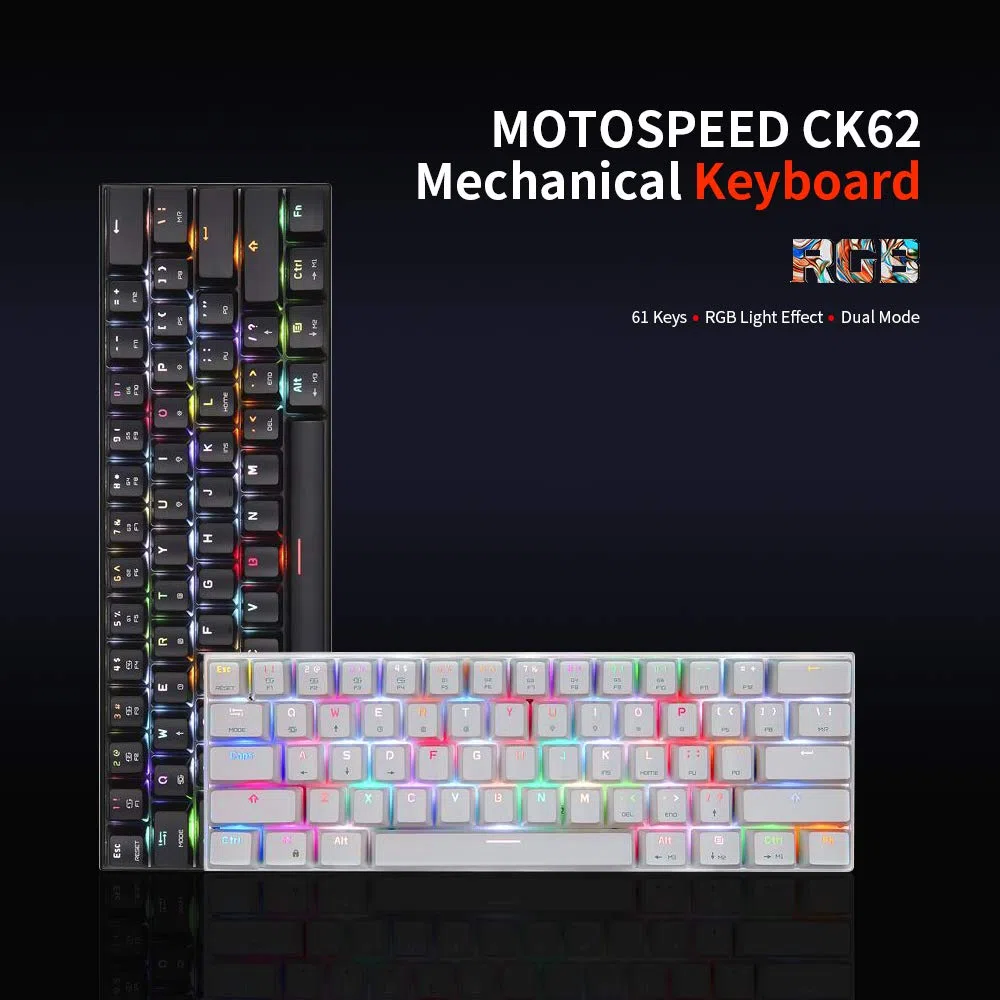 Motospeed CK62 Tastiera Meccanica 61 Tasti RGB Keyboard Meccanica, Cavo USB/Blutooth Dual Mode Gaming Tastiera, Red Switch OUTEMU, Nero
