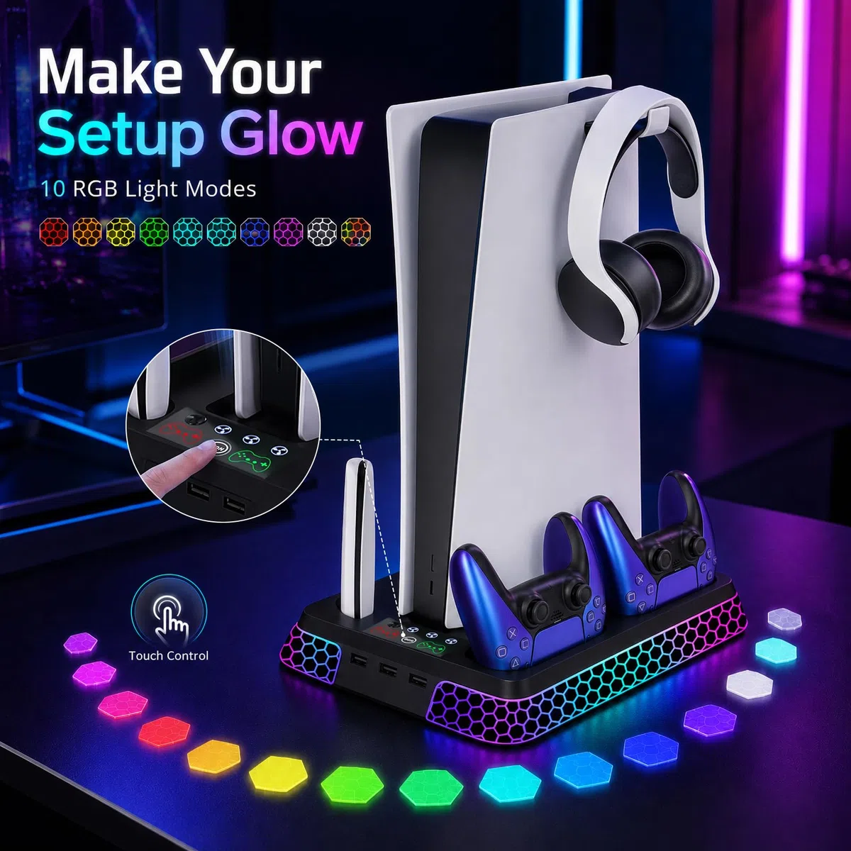 Supporto per PS5 con estetica esagonale RGB, stazione di raffreddamento PS5 per PlayStation 5 Slim Pro Disc console digitale con ventola di raffreddamento, doppio controller caricabatterie rapido hub