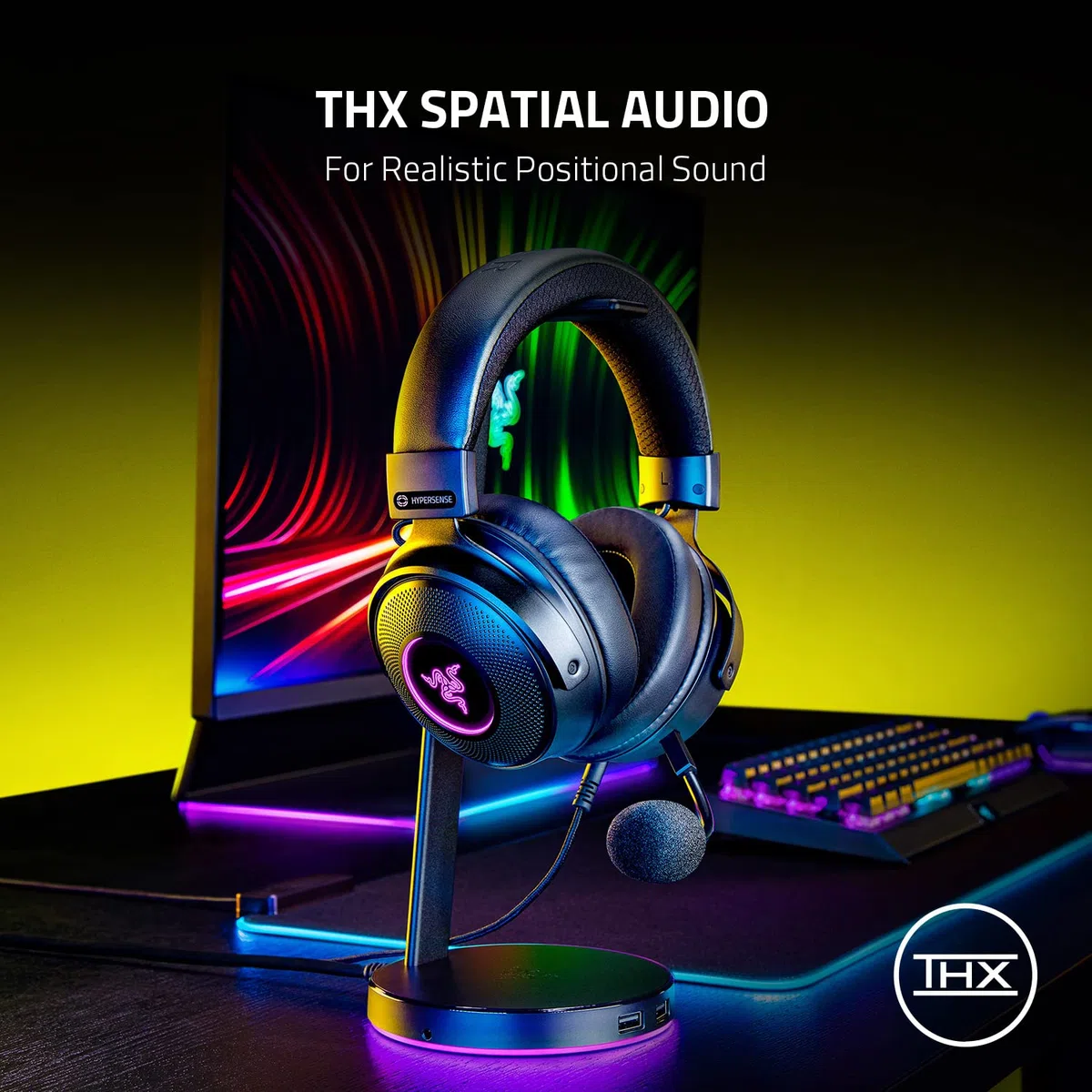 Razer Kraken V3 HyperSense Wired USB Gaming Headset w/Haptic Technology: driver Triforce Titanium 50mm - THX Spatial Audio - Tessuto ibrido e cuscinetti in memory foam in similpelle - Microfono