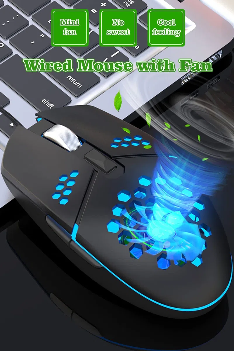 Mouse da gioco cablato con ventola, mouse per PC a nido d'ape con ventola di raffreddamento | Mouse da gioco con LED RGB per laptop, clic silenzioso e 4 livelli DPI, senza palmo sudato