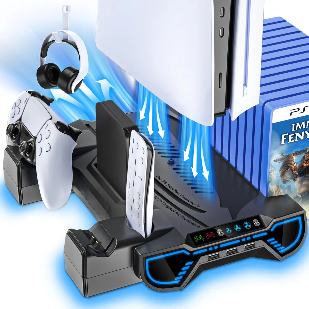 Stazione di raffreddamento PS5/Slim/Pro con stazione di ricarica controller per console Playstation 5 - Supporto RGB PS5 con caricabatterie controller, kit di accessori per supporto di