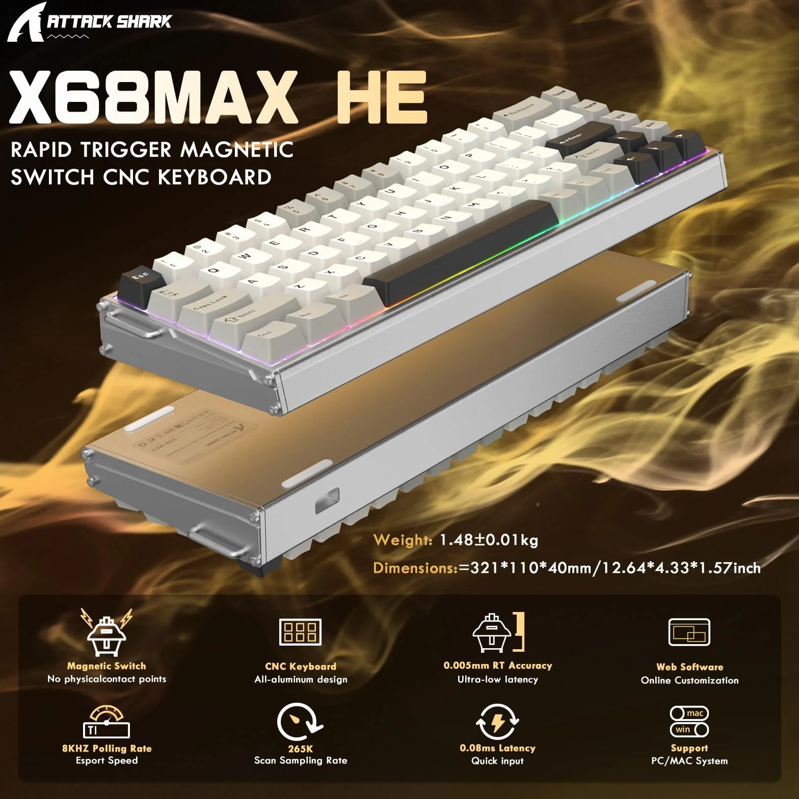 ATTACK SHARK X68MAX HE Tastiera In Alluminio CNC Completo, 8KHz Rapid Trigger, Azionamento Regolabile 0.005mm, Gaming RGB Cablata con Switch Magnetico, Snap Tap, Cavo C01 Ultral (Bianco Stella)