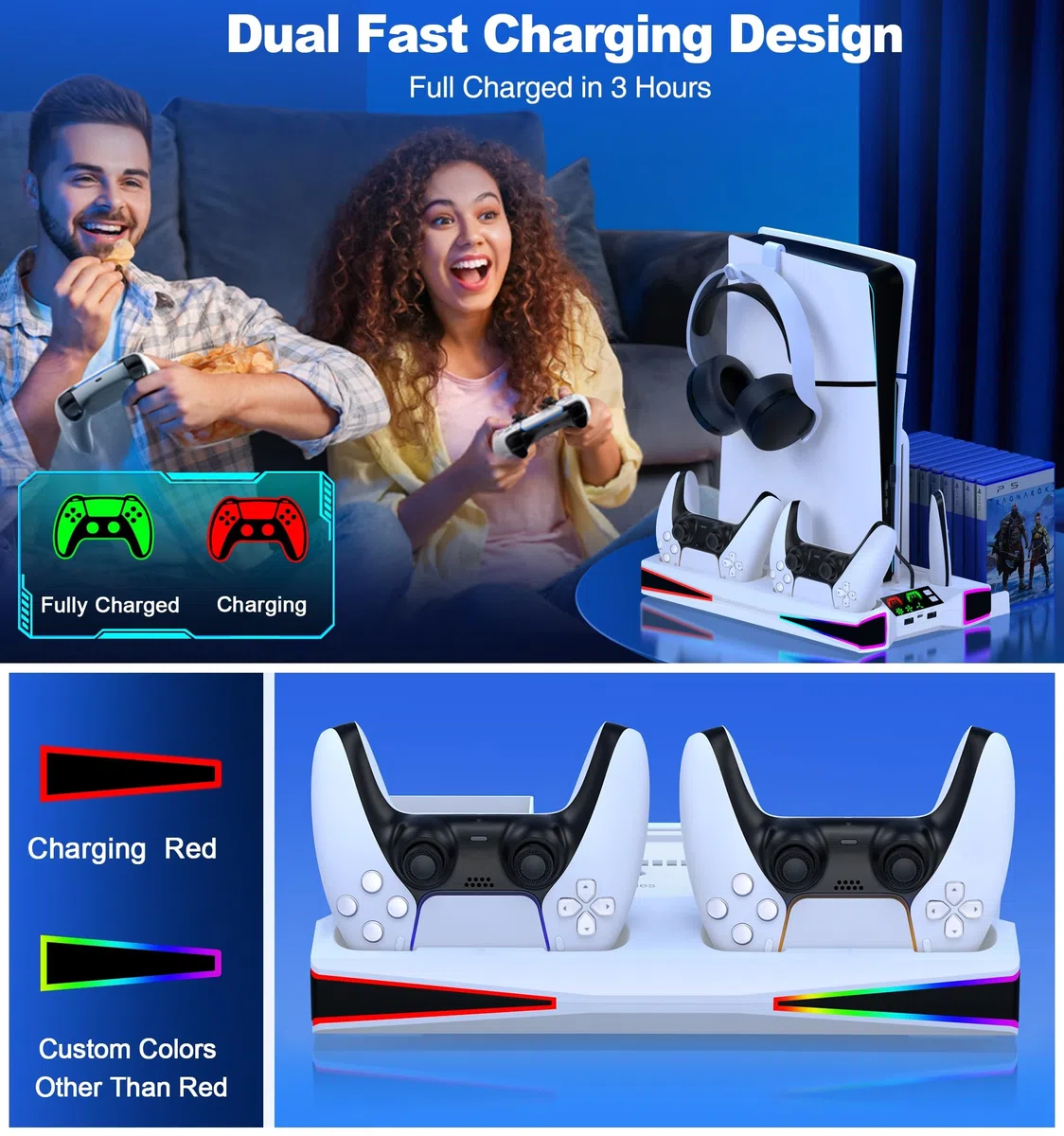 Kawaye Stazione di raffreddamento per PS5 per PS5/console sottile, per accessori PS5 Supporto verticale con caricatore doppio controller Incl.3 livelli ventola di raffreddamento, luce RGB, custodie