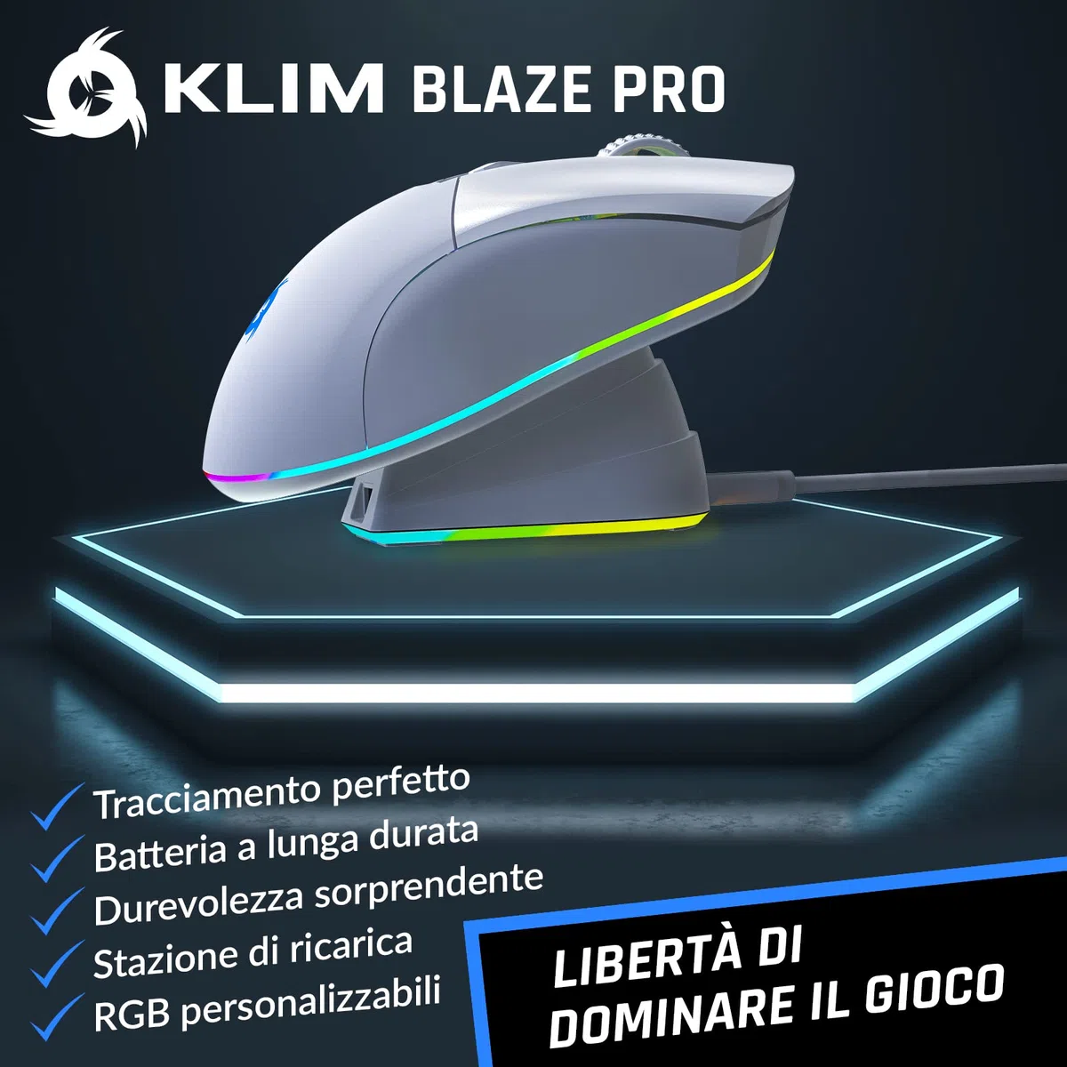 KLIM Blaze Pro Sensore ad Alta Precisione con Batteria a Lunga Durata | Mouse da Gioco Wireless RGB Ricaricabile con Stazione di Ricarica, Fino a 6000 DPI, Libertà Totale per Dominare - Bianco