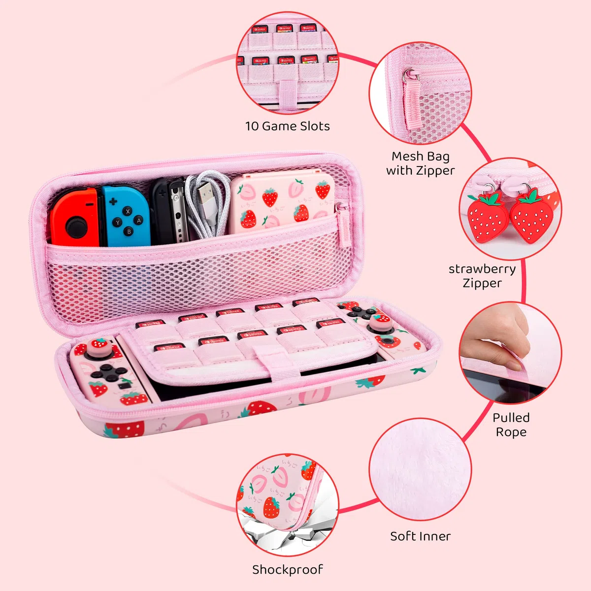 GLDRAM Custodia da trasporto rosa fragola per accessori Nintendo Switch, custodia da viaggio carina con custodia morbida in TPU, custodia da gioco, pellicola protettiva in vetro, tappi per impugnatura