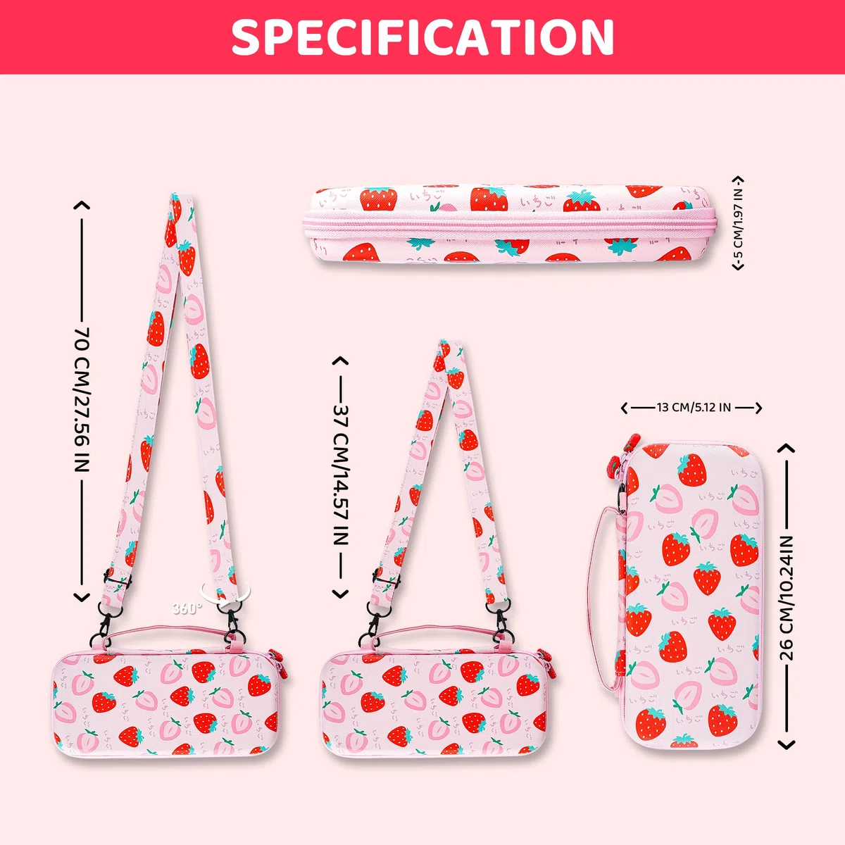 GLDRAM Custodia da trasporto rosa fragola per accessori Nintendo Switch, custodia da viaggio carina con custodia morbida in TPU, custodia da gioco, pellicola protettiva in vetro, tappi per impugnatura