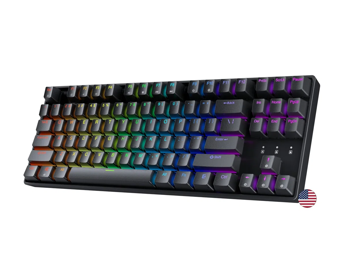 Geeky GK80 Tenkeyless, tastiera meccanica da gioco, 87 tasti, retroilluminazione a LED RGB multicolore per PC/Mac Gamer, layout americano ANSI, nero, blu meccanico