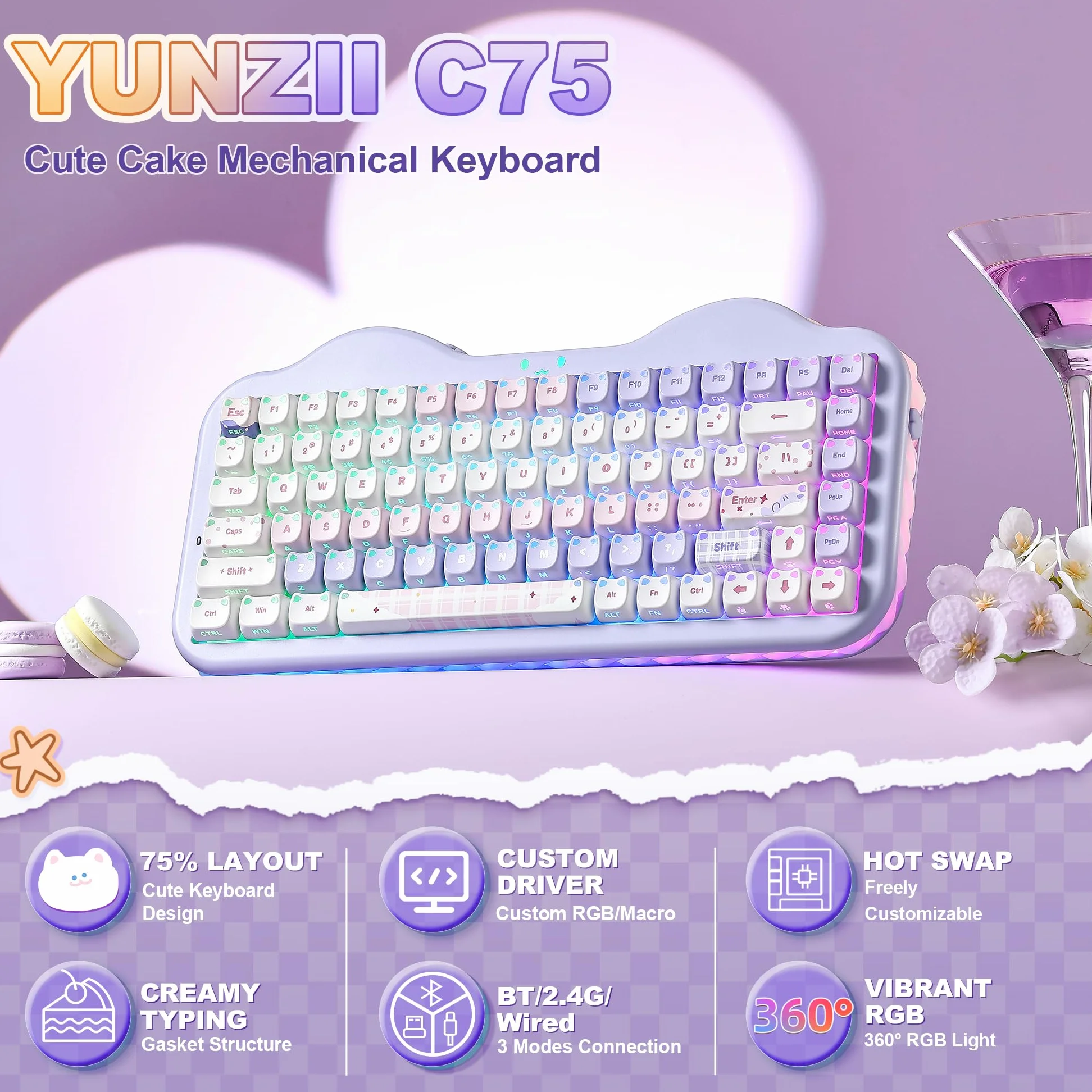 YUNZII C75 MAO Cat Tastiera Meccanica Gaming (Purple, Candy-linear) | 75% Layout, Hot Swap, BT/2.4G/USB-C, PBT Keycaps, RGB Retroilluminata, Suono Cremoso Thocky, NKRO, Cute Keyboard for Gaming
