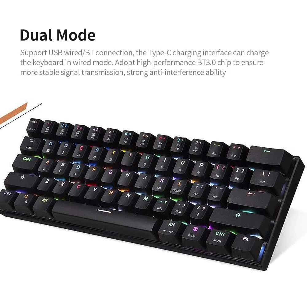 Motospeed CK62 Tastiera Meccanica 61 Tasti RGB Keyboard Meccanica, Cavo USB/Blutooth Dual Mode Gaming Tastiera, Red Switch OUTEMU, Nero