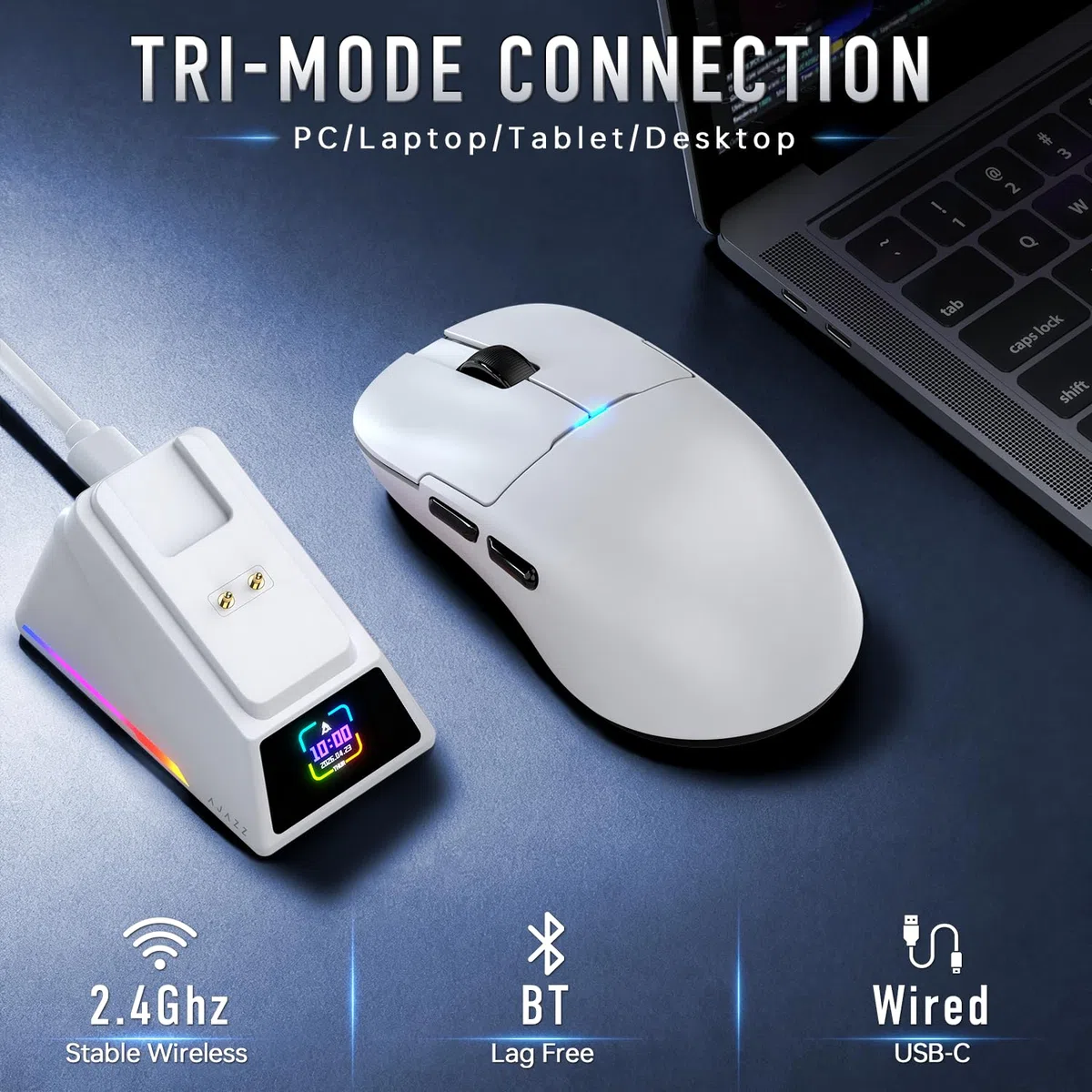 FREEWOLF x A.JAZZ AJ159P MC PRO Mouse da Gaming Wireless, Dock di Ricarica Magnetico con Schermo TFT, Ultra-Leggero 57g, Sensore PAW3311, 24000 DPI, BT/2.4G/USB-C, 20M Click, per PC/MAC (Bianco)