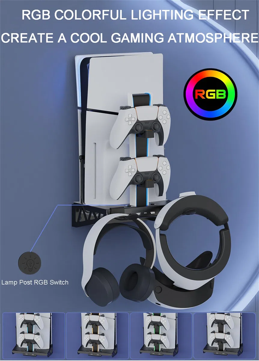 Kit di montaggio a parete per PS5/PS5 Slim con stazione di ricarica e ventole di raffreddamento, accessori per montaggio a mensola PS5/PS5 SL (disco e digitale), supporto da parete in acciaio con