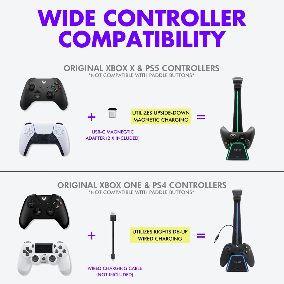 Tilted Nation Supporto RGB per cuffie e controller con stazione di ricarica, per PlayStation o PC, supporto per controller PS4/PS5 con caricabatterie, supporto per cuffie e controller di gioco, per