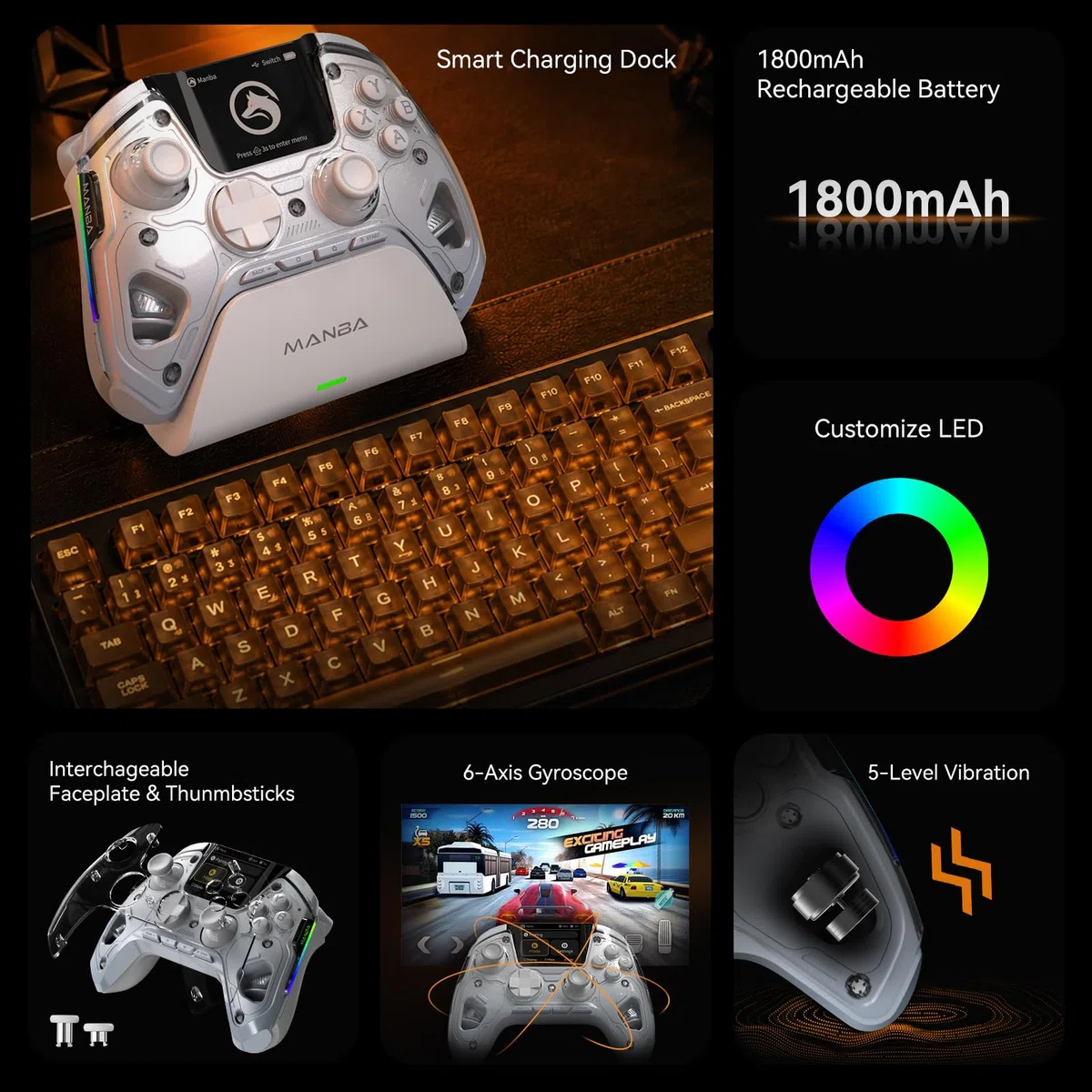 MANBA One V2 Controller Da Gioco Wireless Con Schermo Interattivo (Bianco) | Compatibile Con PC/Switch/iOS/Android, Stick E Grilletti Hall Effect, LED, Pulsanti Macro, Batteria 1800mAh, Base Di Ricarica