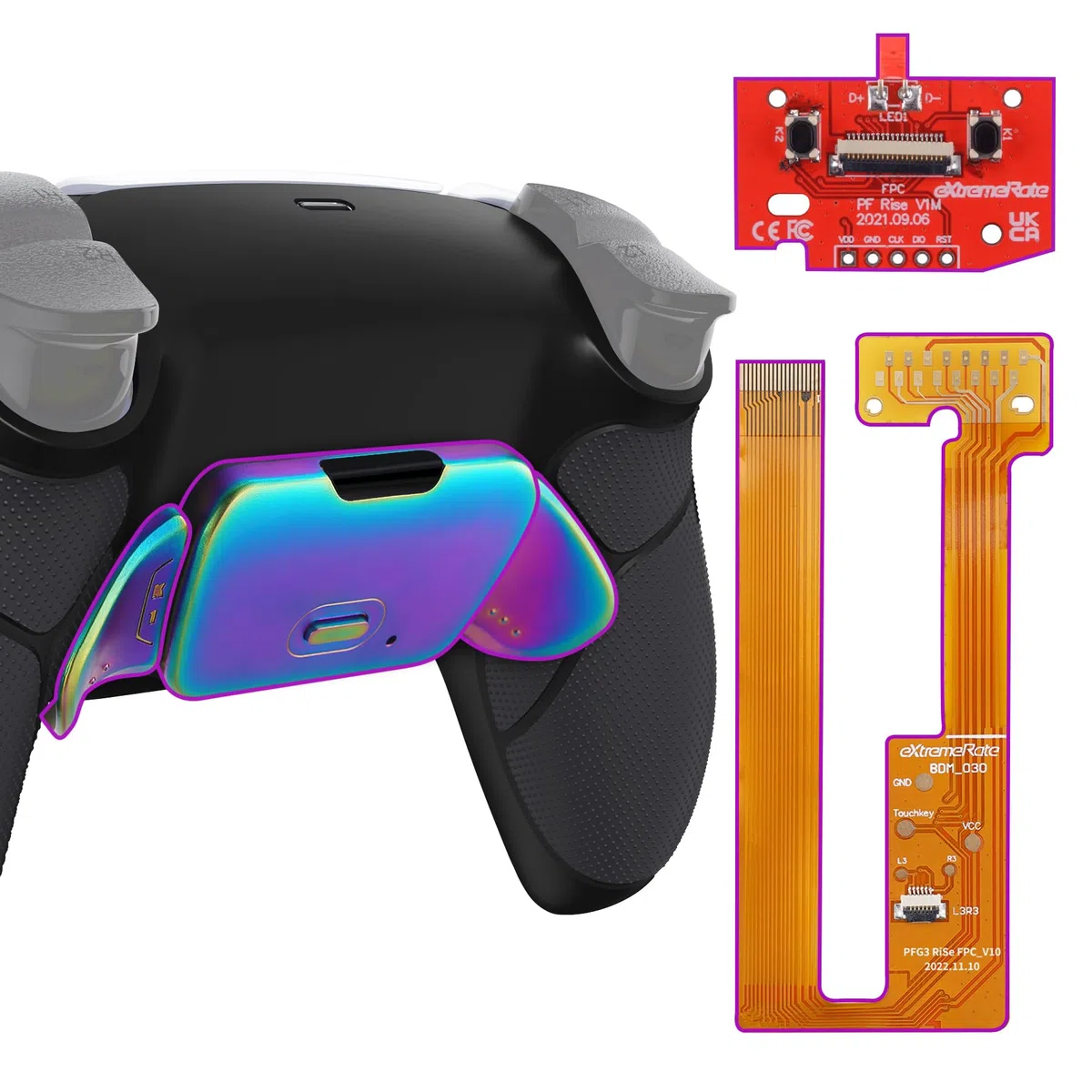 eXtremeRate RISE Remap Kit Programmabile per ps5 Controller BDM-030/040/050,Palette in Metallo Tasti Pulsanti Aggiuntivi Back Button Cover Posteriore per ps5 Joystick-Nero&Blu Viola