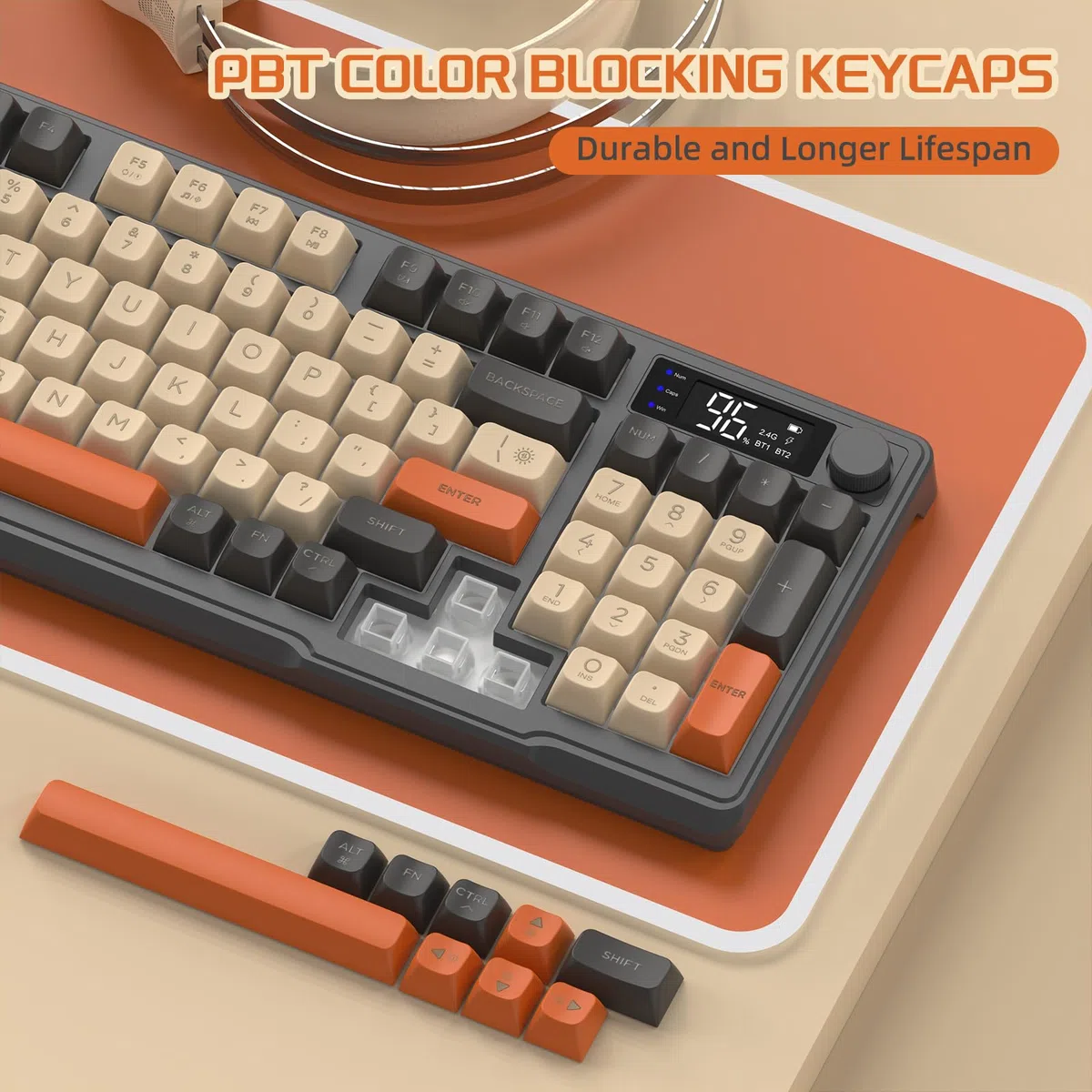 FREEWOLF M96 Tastiera Da Gioco Wireless, Controllo Tramite Manopola Bluetooth/Tastiera Wireless 2.4G, Retroilluminazione a LED RGB con Schermo, Copritasto PBT, 3000mAh, Layout USA QWERTY - Luccichio