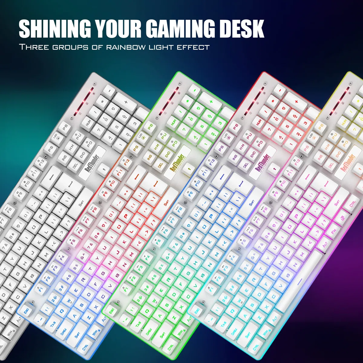 RedThunder K10 - Tastiera e mouse wireless da gioco, batteria ricaricabile con retroilluminazione a LED da 3800 mAh, tastiera meccanica con layout inglese + mouse 7D 3200DPI per PC gamer (bianco)