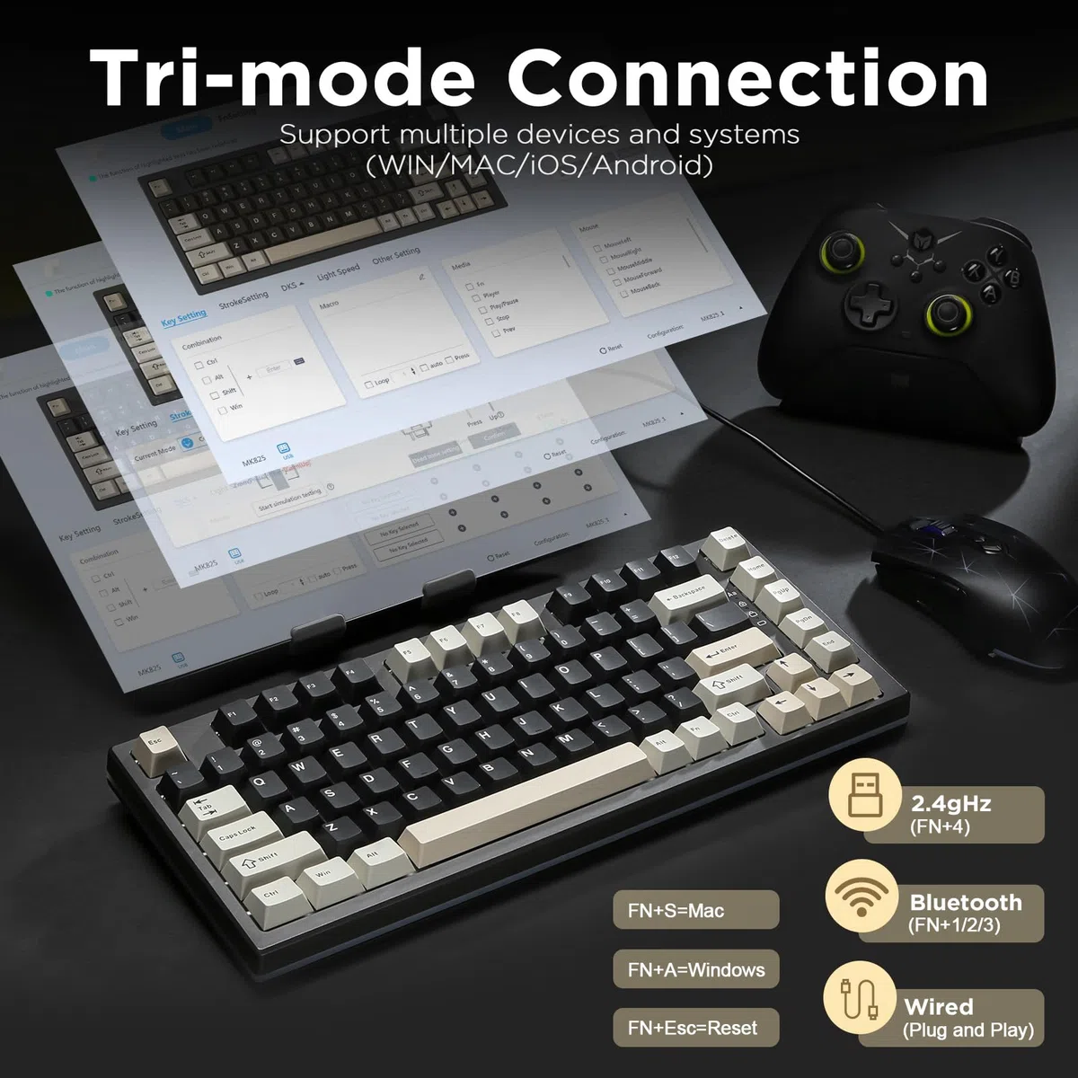YUNZII RT80 Tastiera Gaming Wireless con Interruttore Magnetico Effetto Hall a innesco,82 tasti Bluetooth/2.4GHz/Wired RGB Tastiera,Guarnizione di Montaggio Tastiera meccanica (nero, gateron white)
