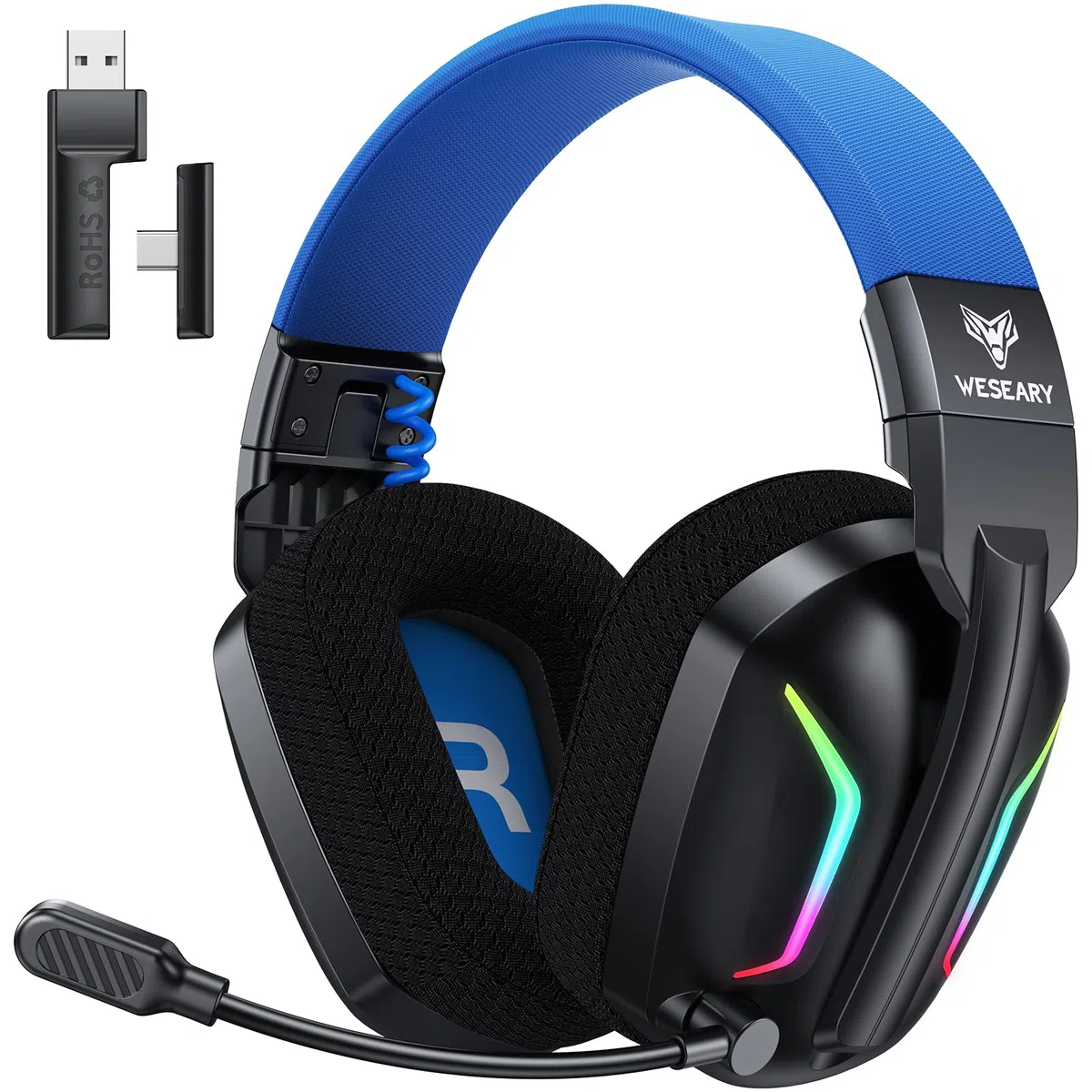 WESEARY Cuffie da gioco wireless con microfono per PS5, PS4, PC, Switch, telefono cellulare, Mac, laptop, 2,4 GHz e cuffie Bluetooth con microfono a cancellazione del rumore, batteria 60H, luce LED