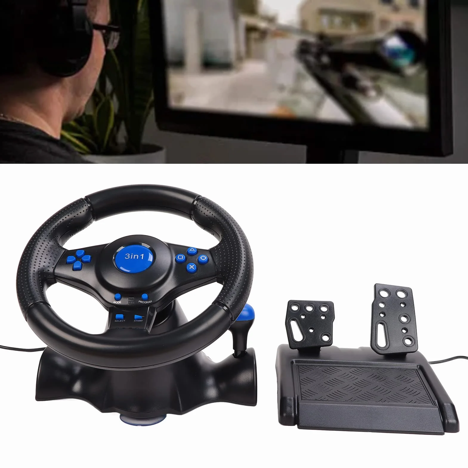 SYH&AQYE Volante da Gioco Multifunzionale, Volante da Gioco 3 in 1 con Pedali, Volante da Corsa USB Rotazione di 180 Gradi, Doppio Effetto Vibrazione, per PS3, PS2, PC