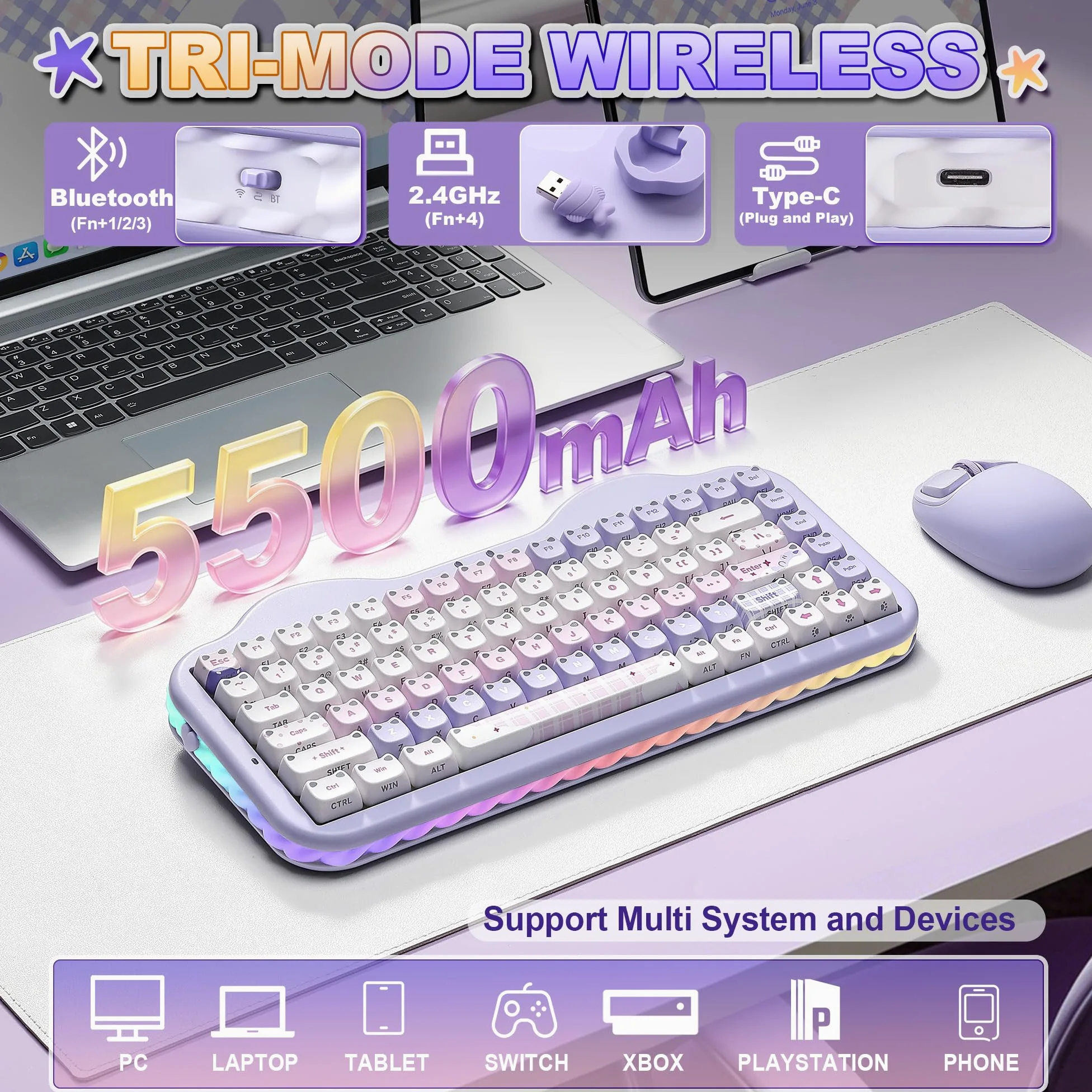 YUNZII C75 MAO Cat Tastiera Meccanica Gaming (Purple, Candy-linear) | 75% Layout, Hot Swap, BT/2.4G/USB-C, PBT Keycaps, RGB Retroilluminata, Suono Cremoso Thocky, NKRO, Cute Keyboard for Gaming